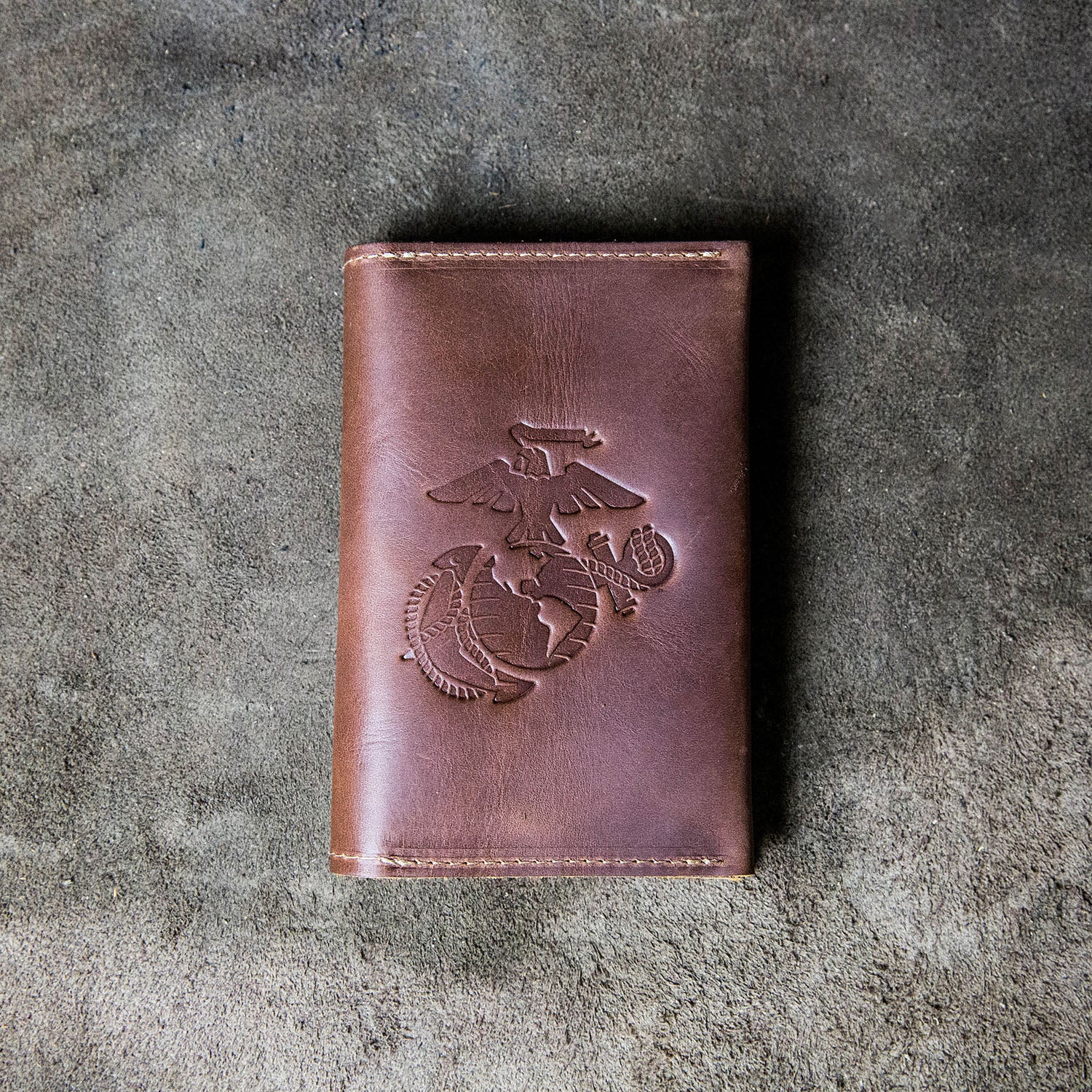 Fine leather passport wallet with personalized name and Marine Corps logo