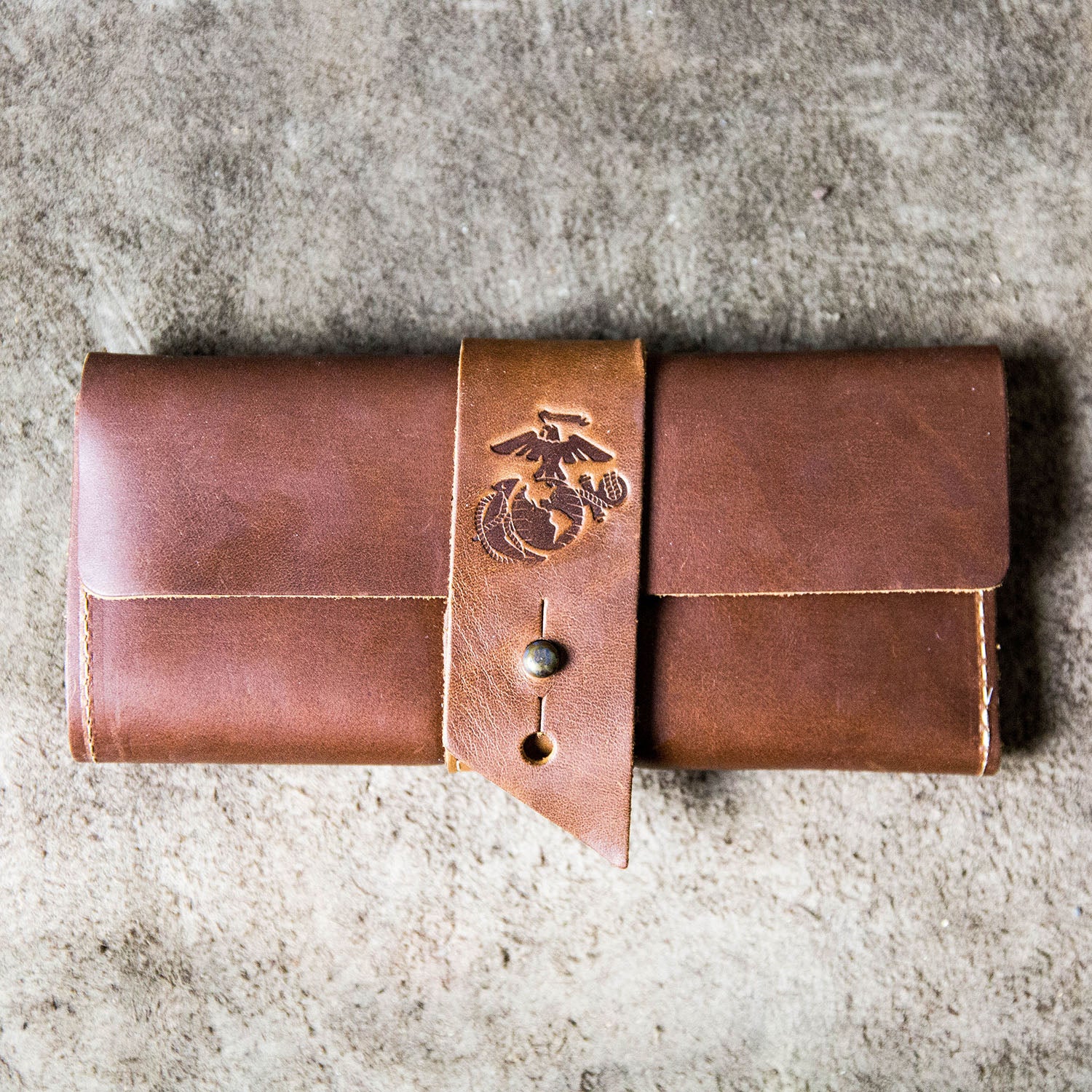 Fine leather wallet and checkbook cover with Marine Corps logo