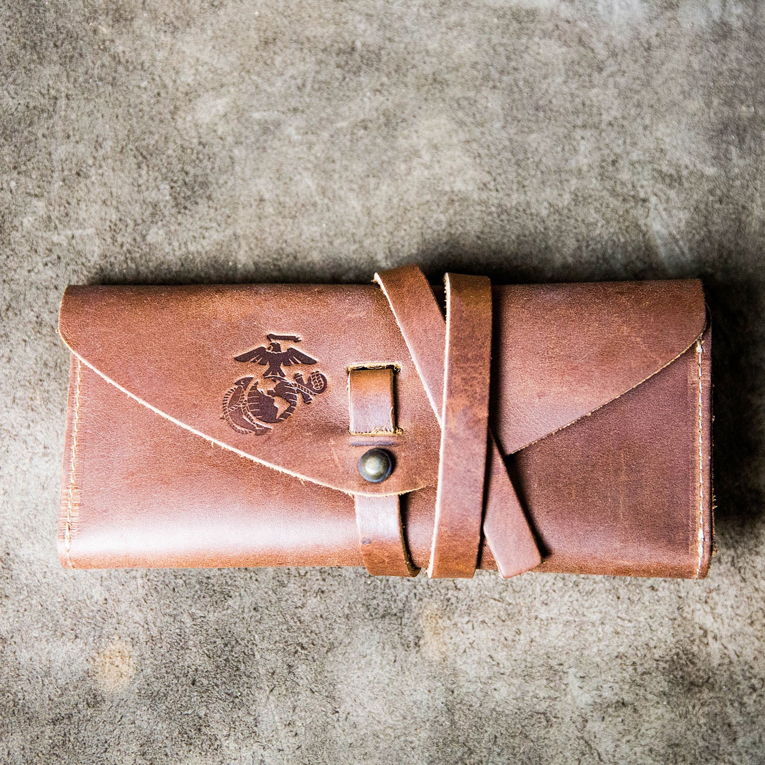 Fine leather wrap wallet and checkbook cover with Marine Corps logo