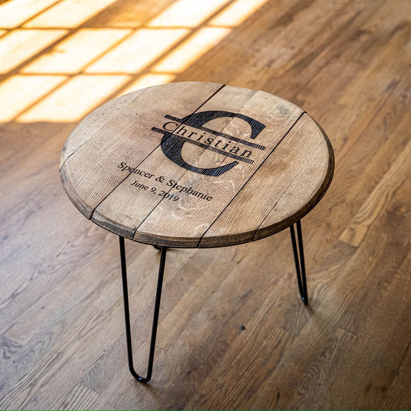 Side table made of Tennessee Whiskey Barrel with personalized names and date