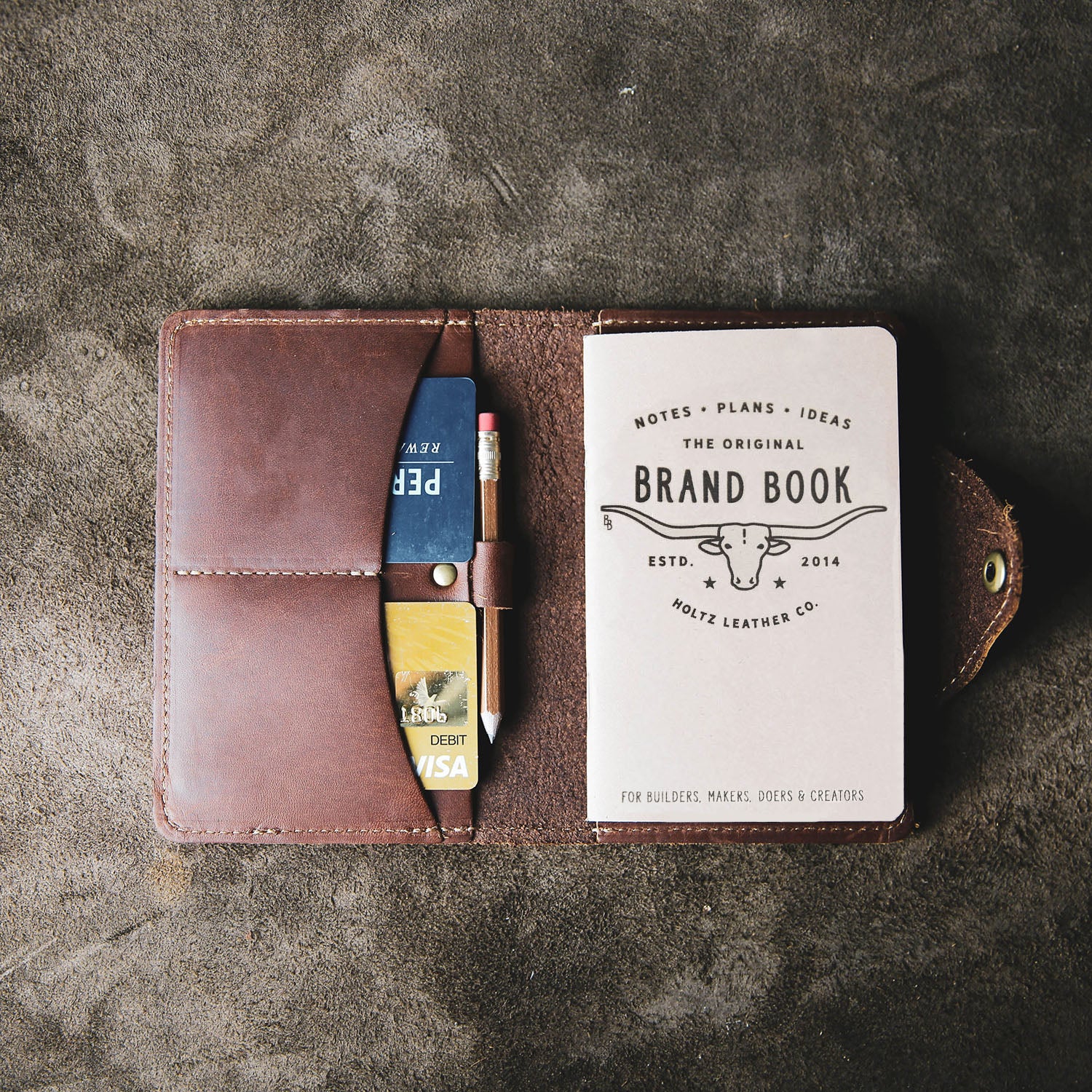 Fine leather logbook and wallet with personalized initials and Marine Corps logo