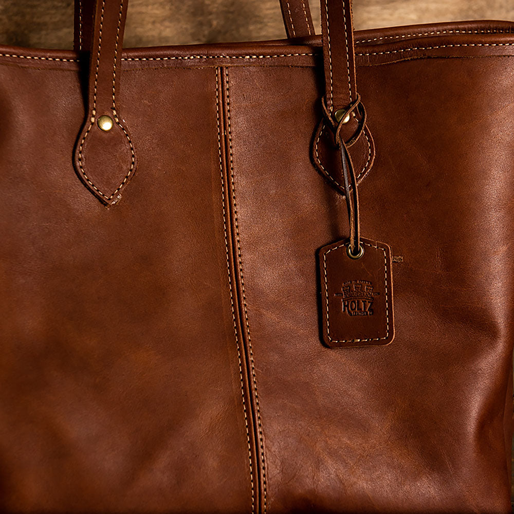 Handcrafted fine leather tote bag at Holtz Leather Co in Huntsville, Alabama