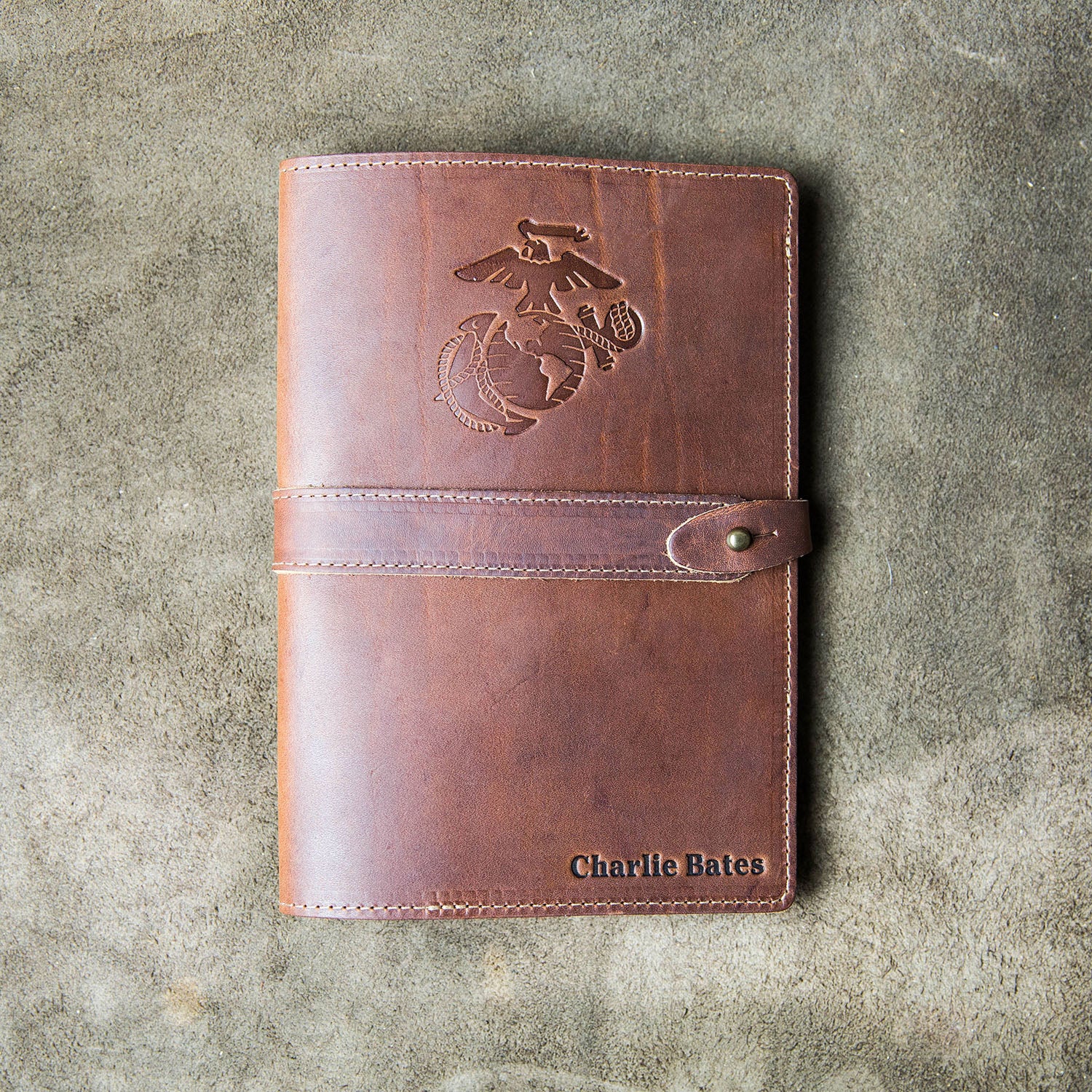 Fine leather A5 moleskin journal cover with personalized name and Marine Corps logo
