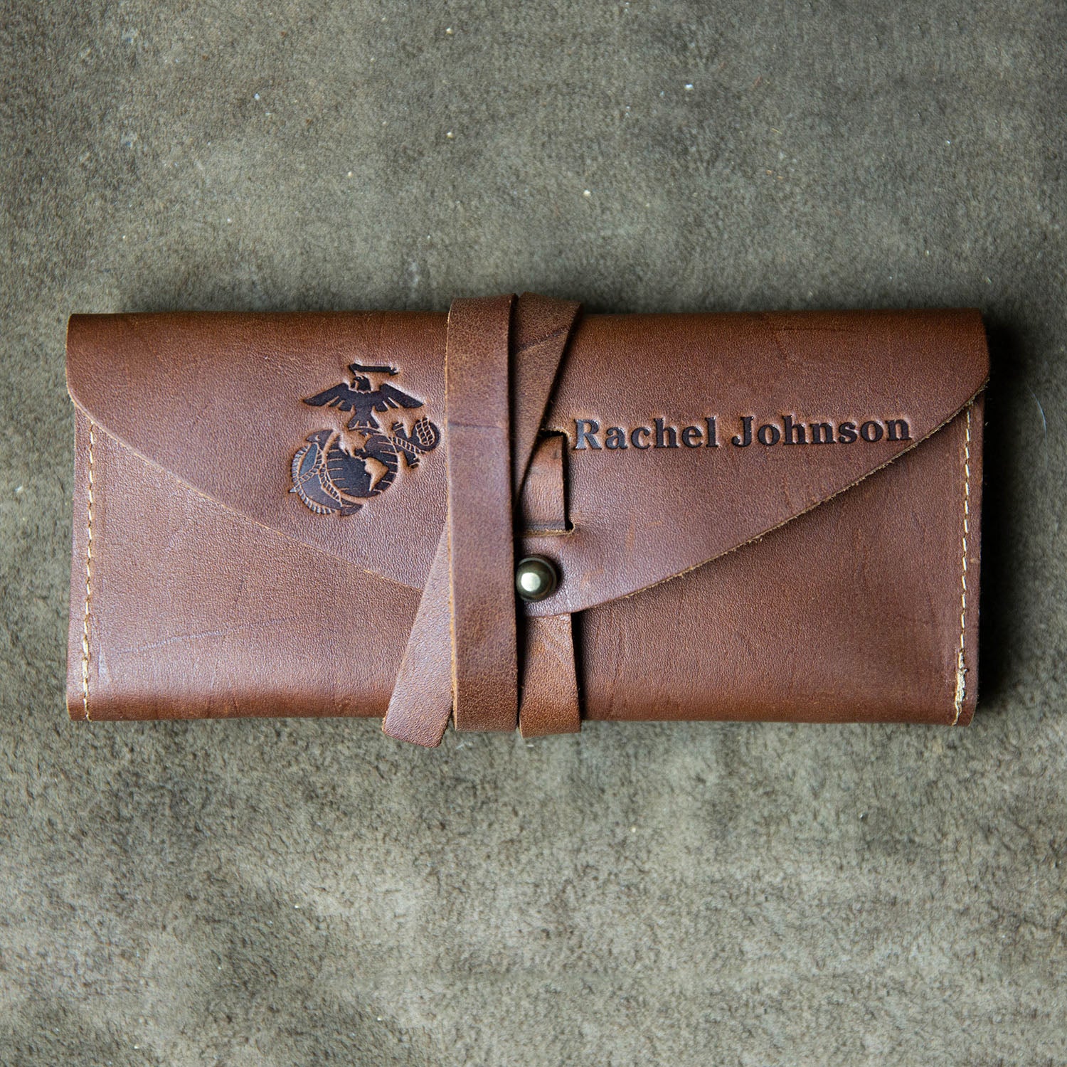 Fine leather wrap wallet and checkbook cover with Marine Corps logo
