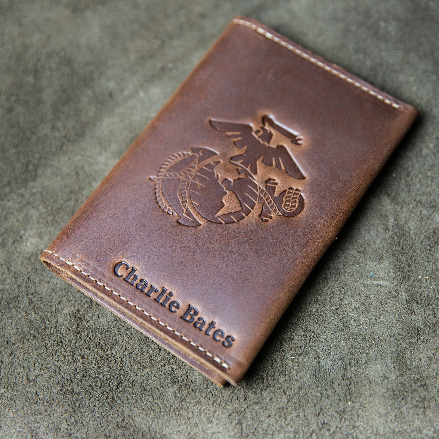 Fine leather passport wallet with personalized name and Marine Corps logo