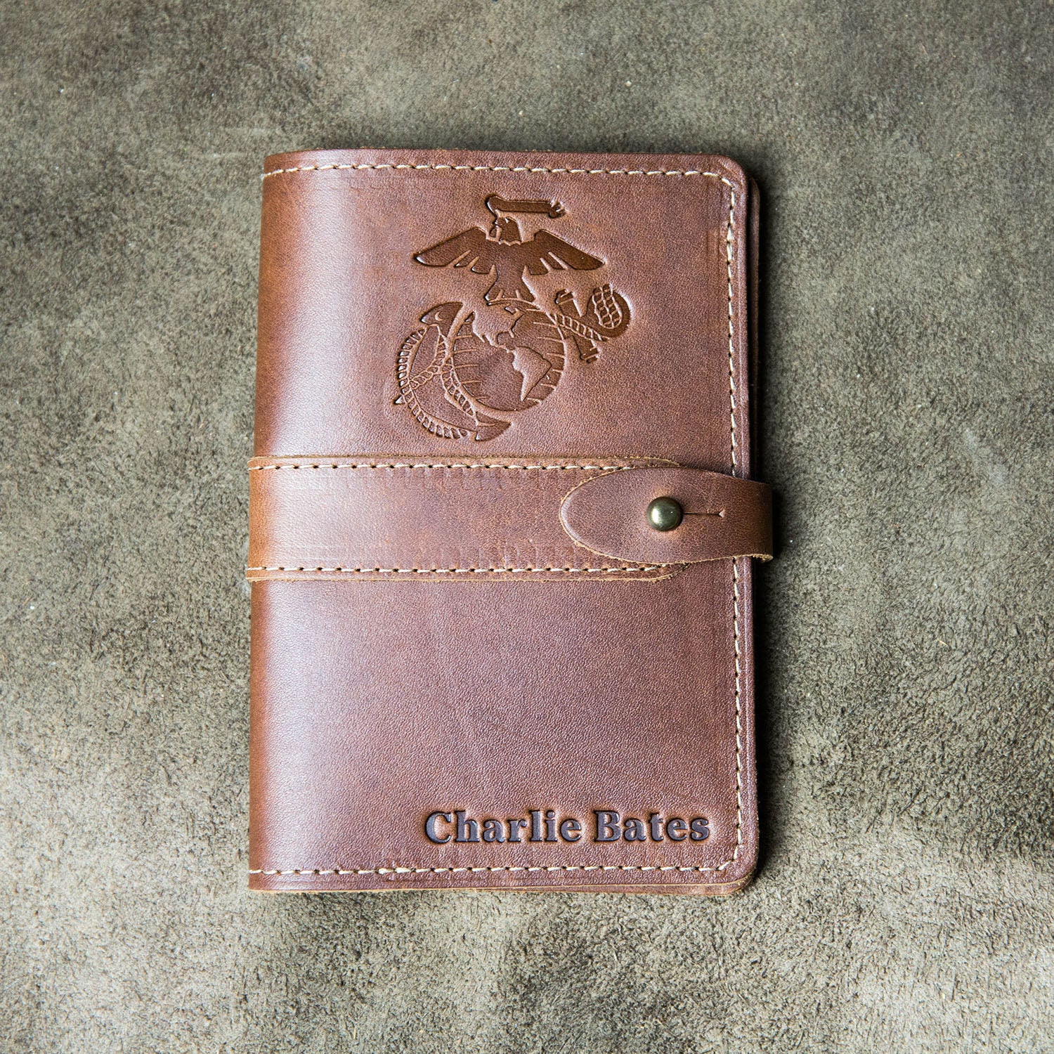 Fine leather journal cover with personalized name and Marine Corps logo