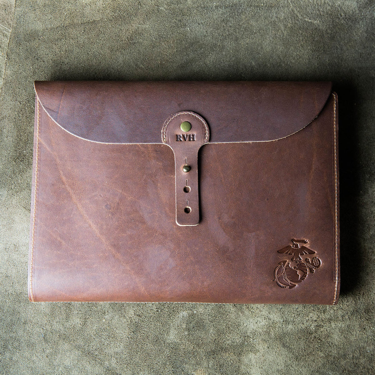 Fine Leather A4 moleskin journal cover with personalized initials and Marine Corps logo