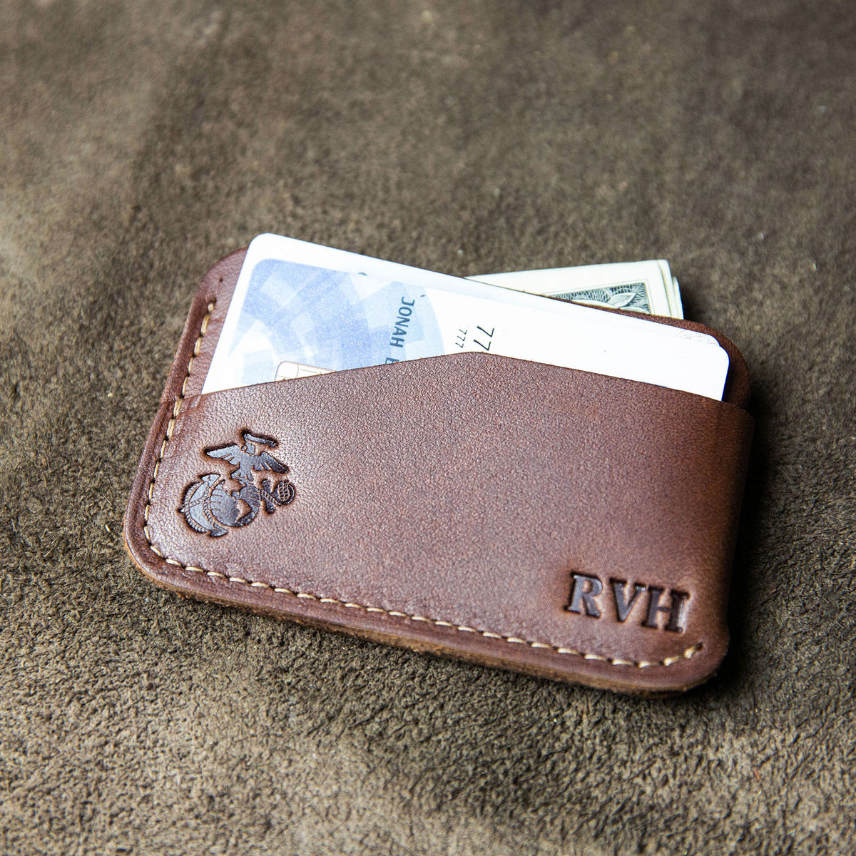 Fine leather triple sleeve front pocket wallet with personalized initials and Marine Corps logo
