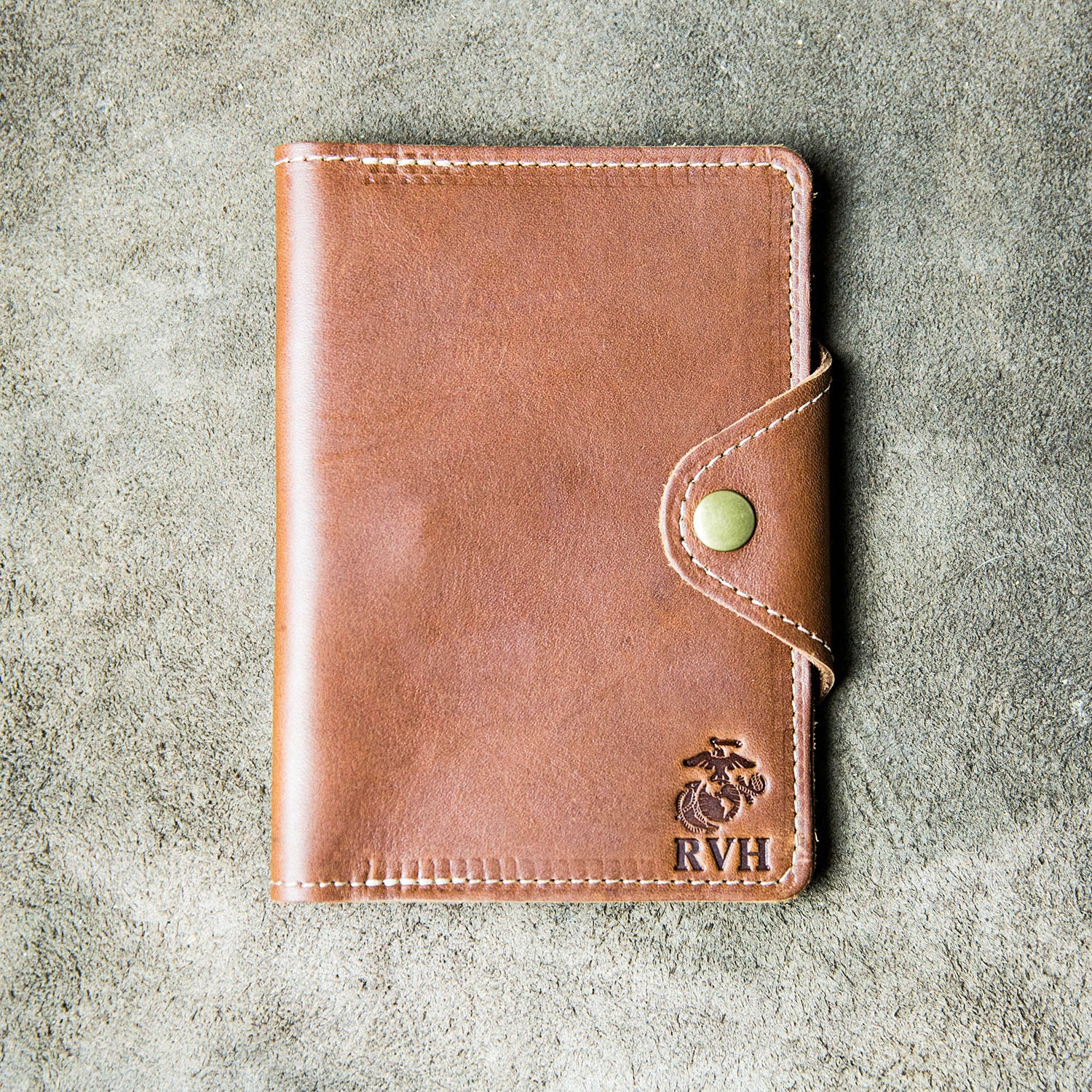 Fine leather logbook and wallet with personalized initials and Marine Corps logo