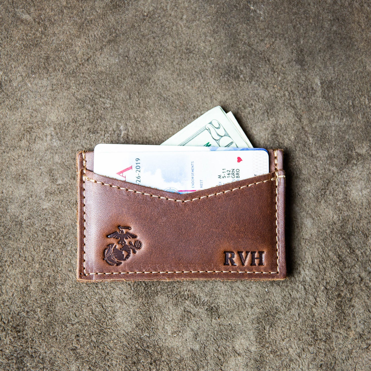 Fine leather front pocket card holder wallet with personalized initials and Marine Corps logo