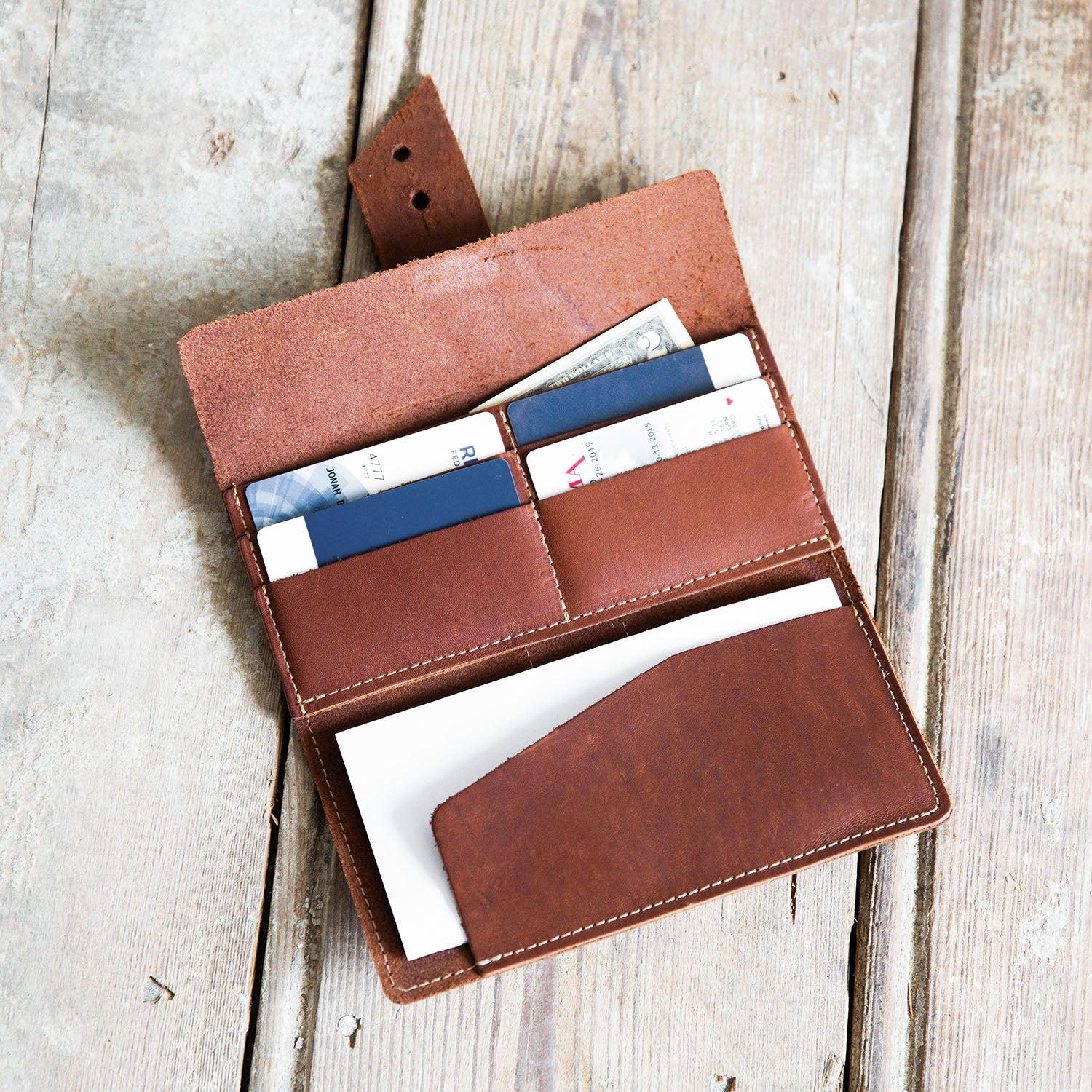 Fine leather pocketbook and checkbook with personalized initials from Holtz Leather Co in Huntsville, Alabama