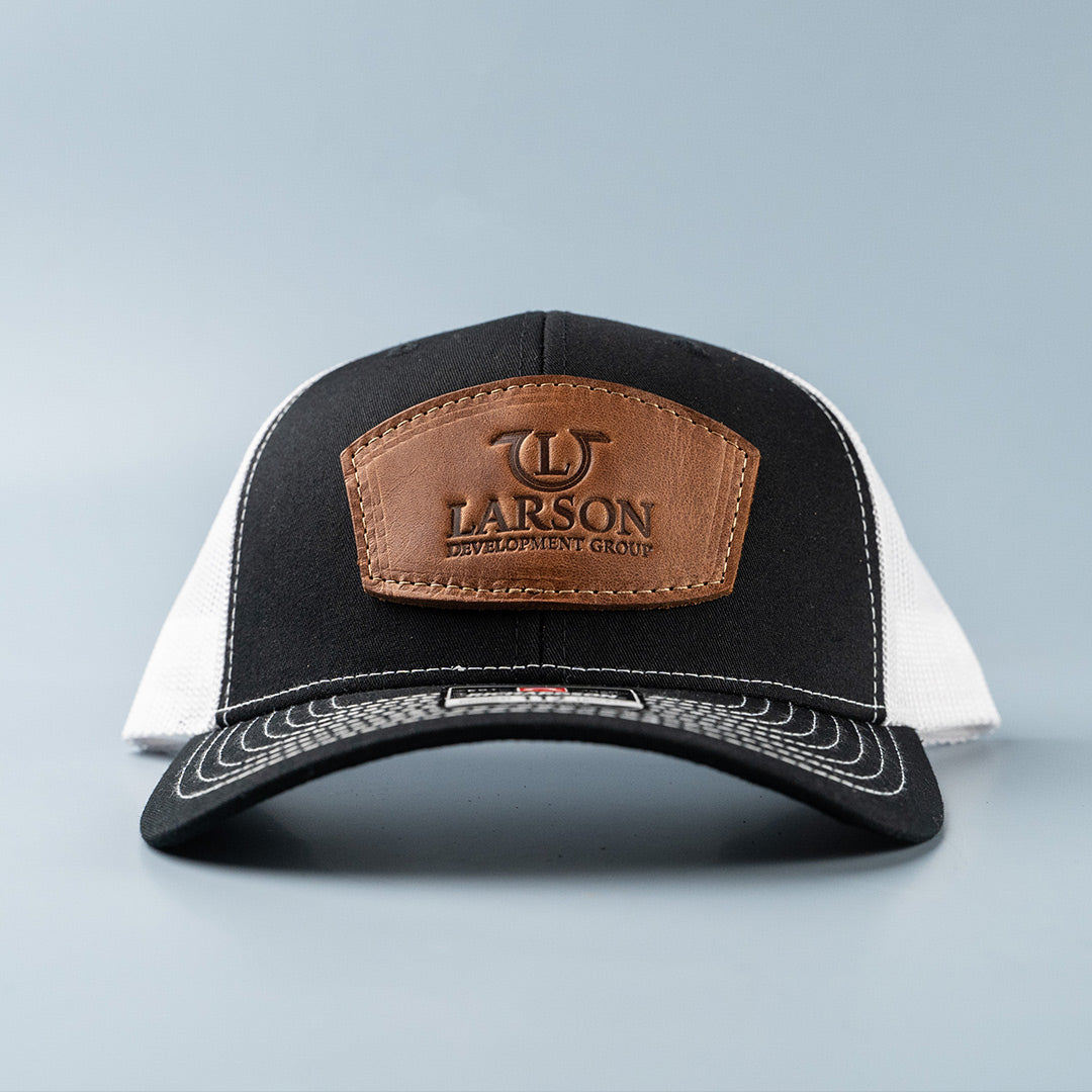 Custom Leather Patch Hat | Laser Cut & Engraved | Sewn on | Hand Finished | Leather Anniversary | Company Hats and Gifts | 112