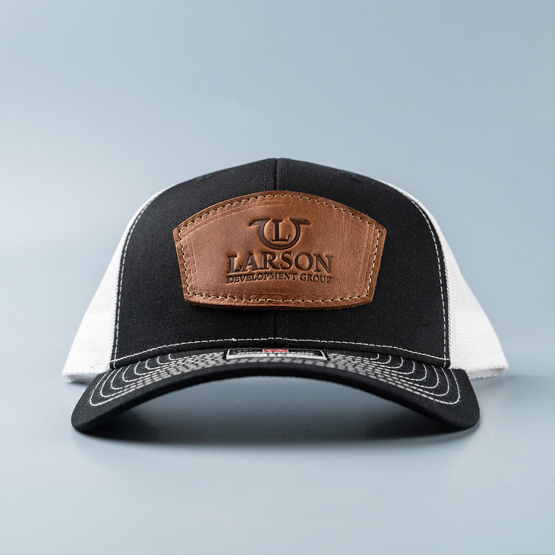 Custom Leather Patch Hat with Your Logo - Trucker Baseball Hats, Black/Whiteat Holtz Leather