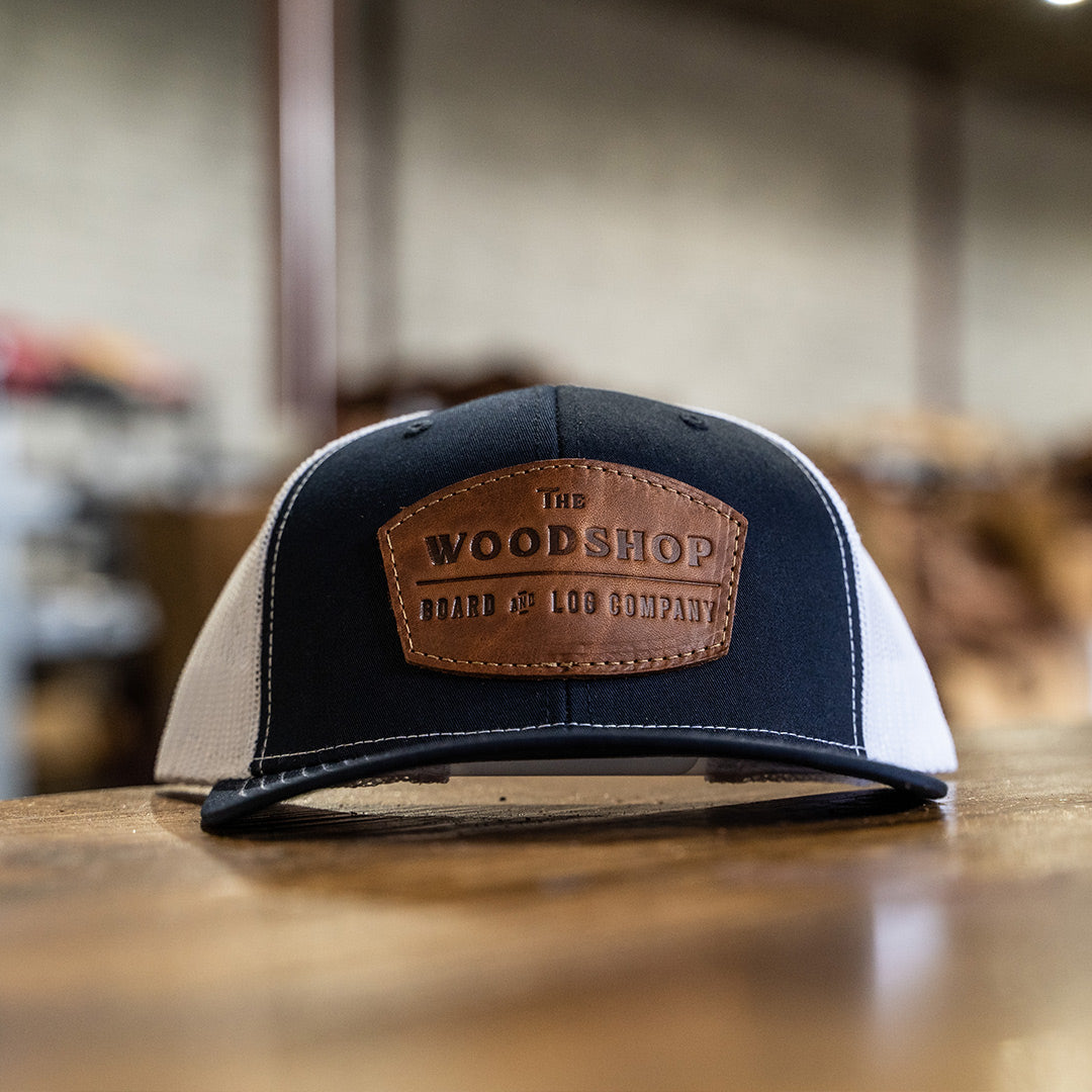 Custom Leather Patch Hat with Your Logo - Trucker Baseball Hats, Navy/Whiteat Holtz Leather