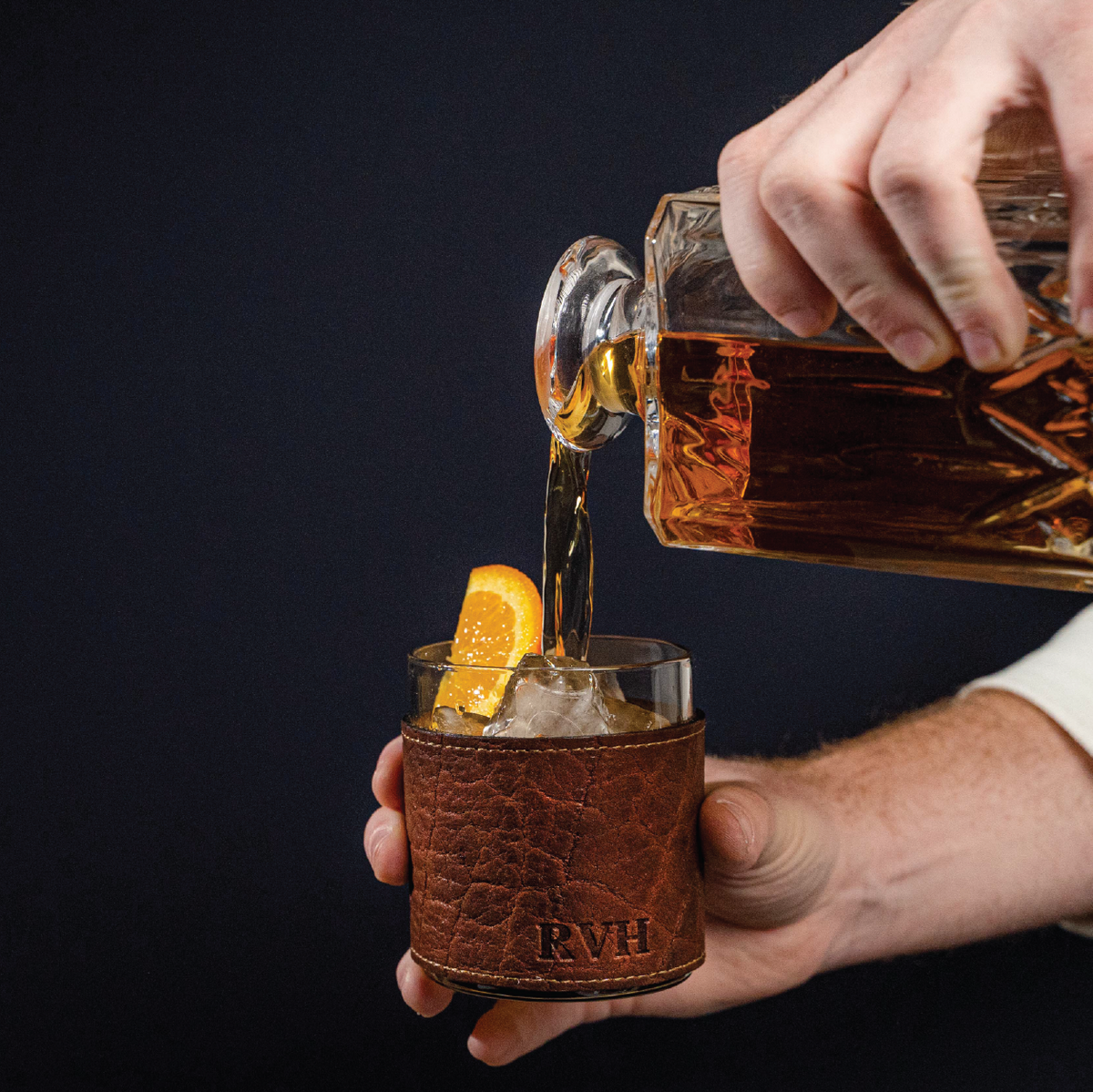 The Gentleman Rocks Glass &amp; Sleeves ~ Shrunken Bison Leather - Set of Two Wraps &amp; Glasses