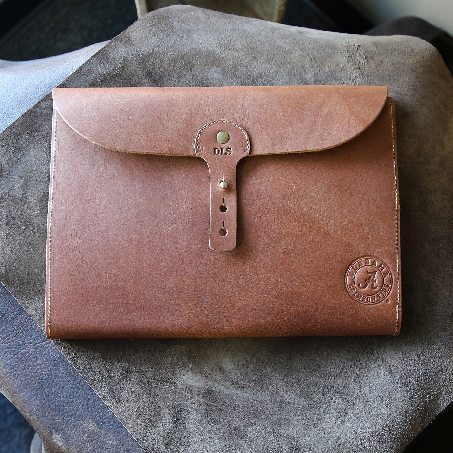 Fine leather A4 moleskin journal cover with Alabama Crimson Tide and personalized initials