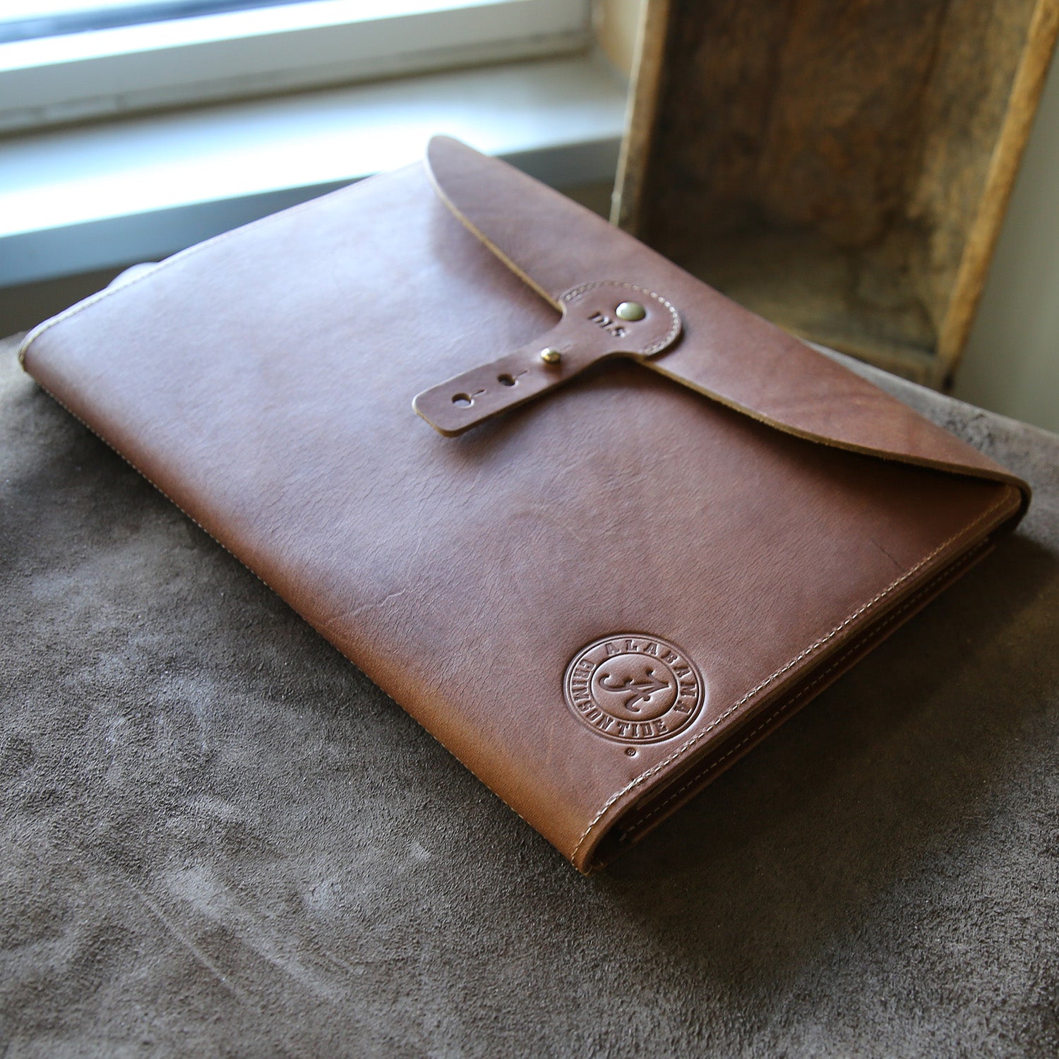 Fine leather A4 moleskin journal cover with Alabama Crimson Tide and personalized initials