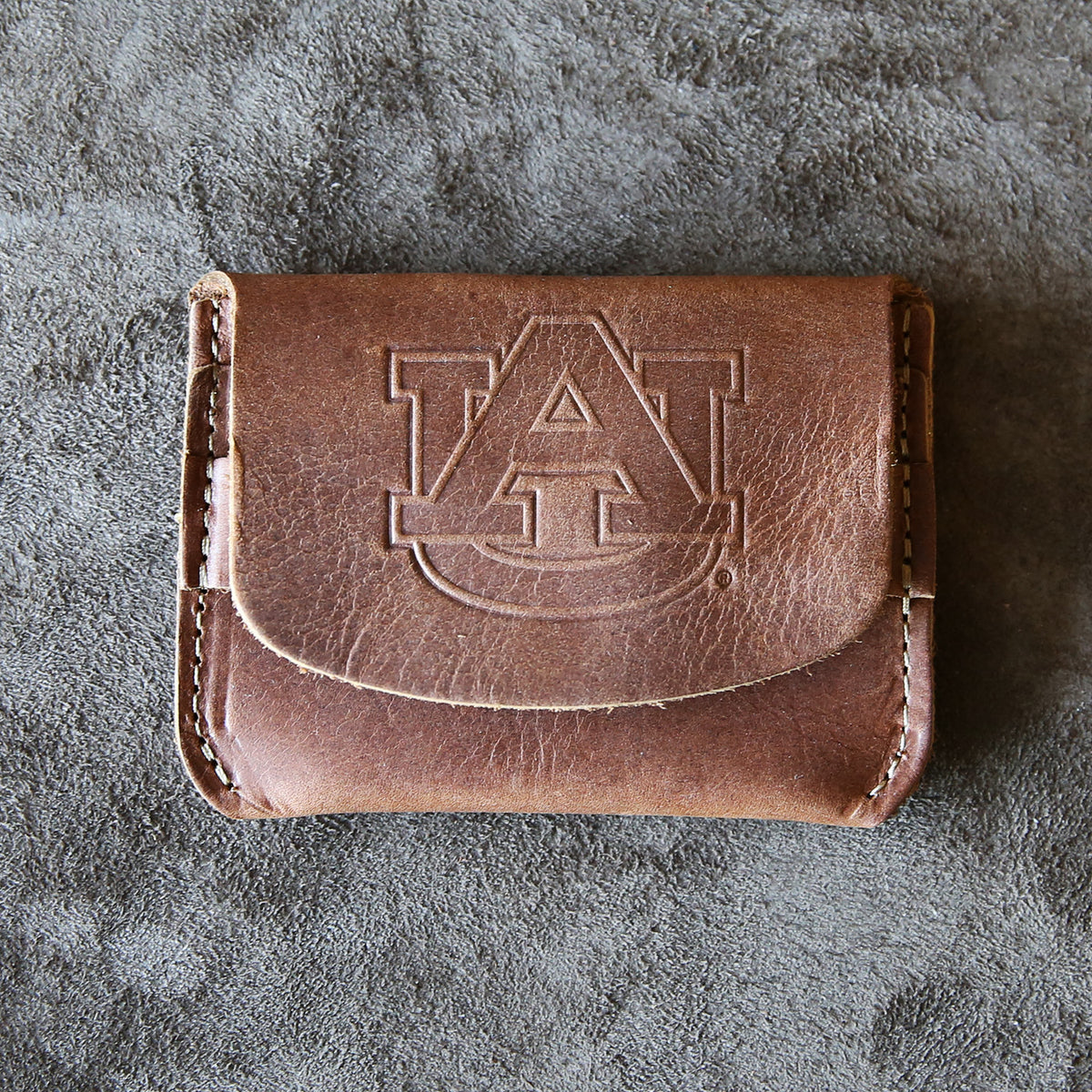 Fine leather front pocket wallet with Auburn University logo