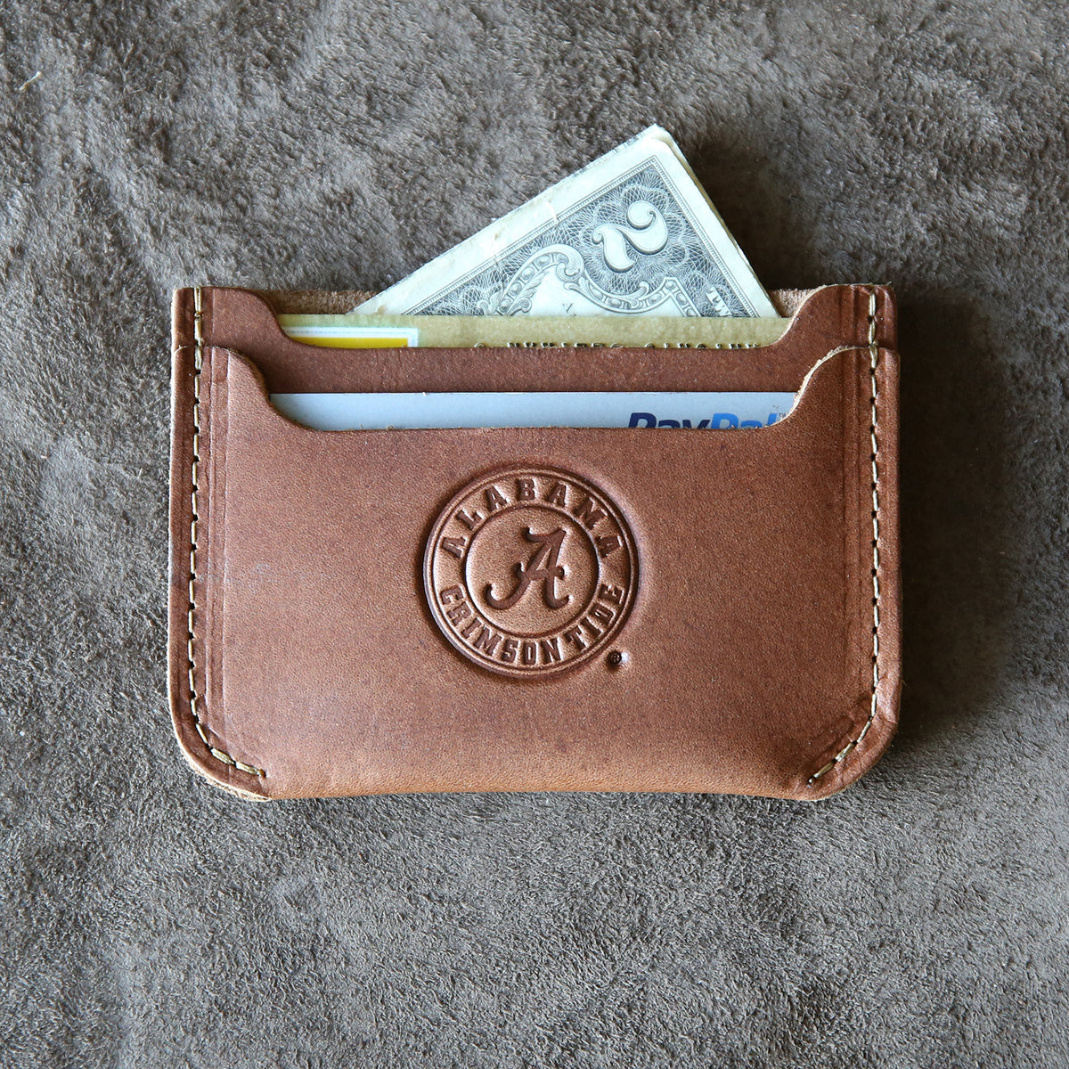 Fine leather front pocket double sleeve wallet with Alabama Crimson Tide logo