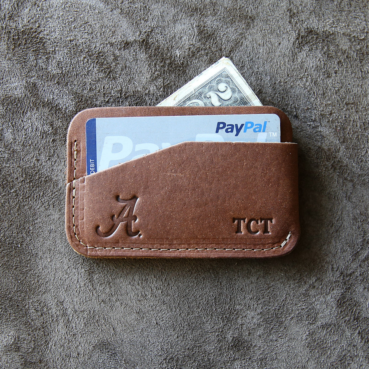 Fine leather triple sleeve front pocket wallet with Alabama logo and personalized initials