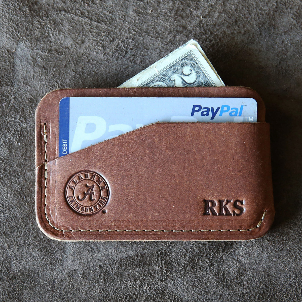 Fine leather triple sleeve front pocket wallet with Alabama Crimson Tide and personalized initials