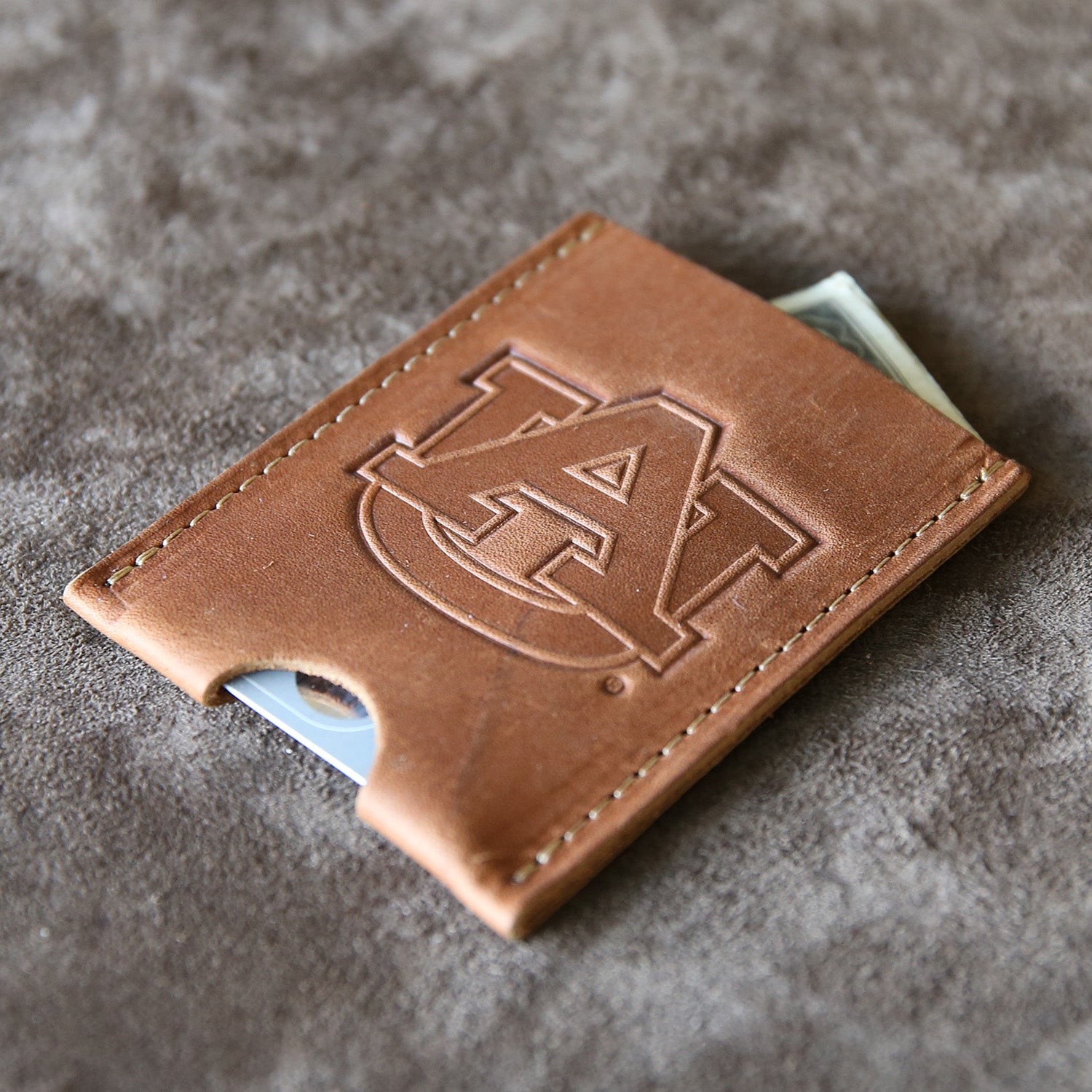 Fine leather card holder wallet with Auburn University logo