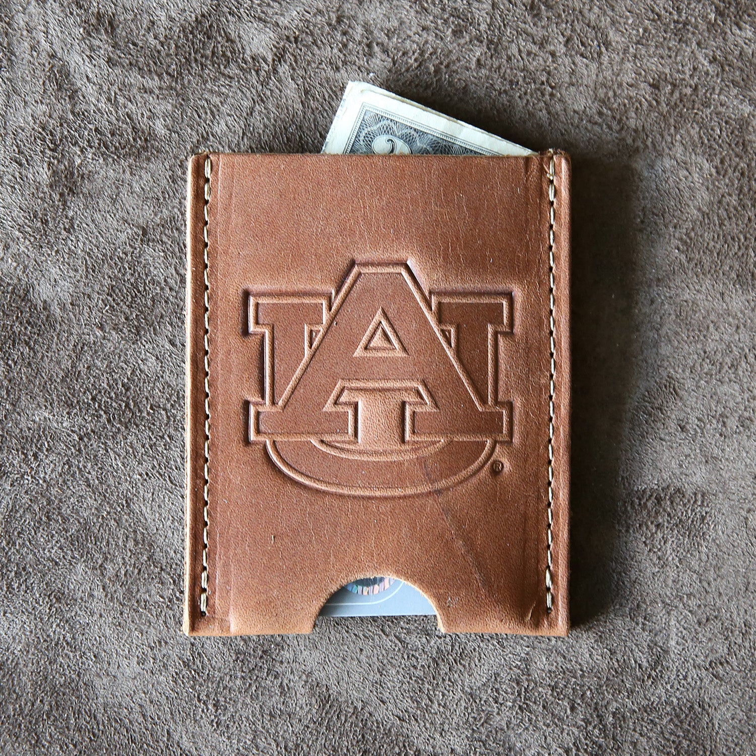 Fine leather card holder wallet with Auburn University logo
