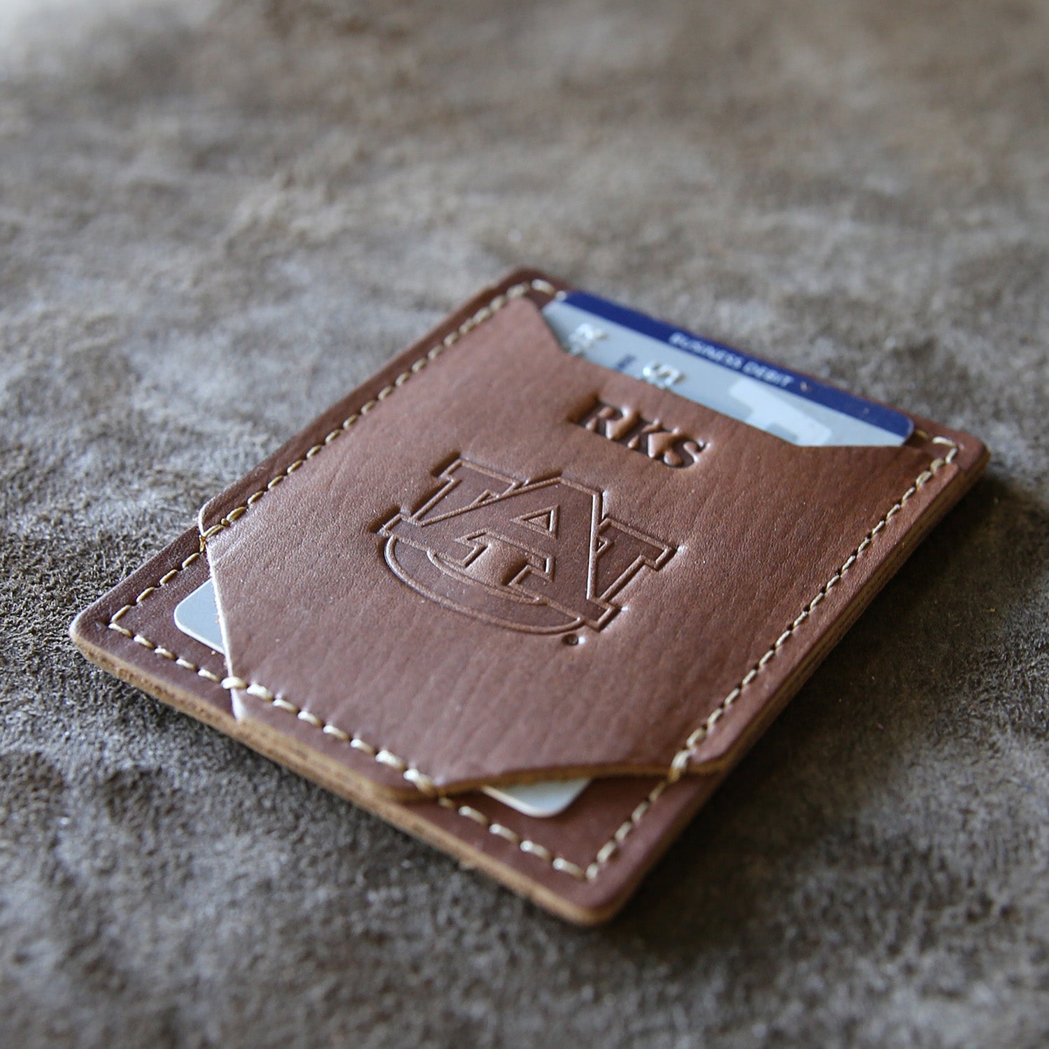 Money clip front pocket wallet with Auburn logo and personalized initials