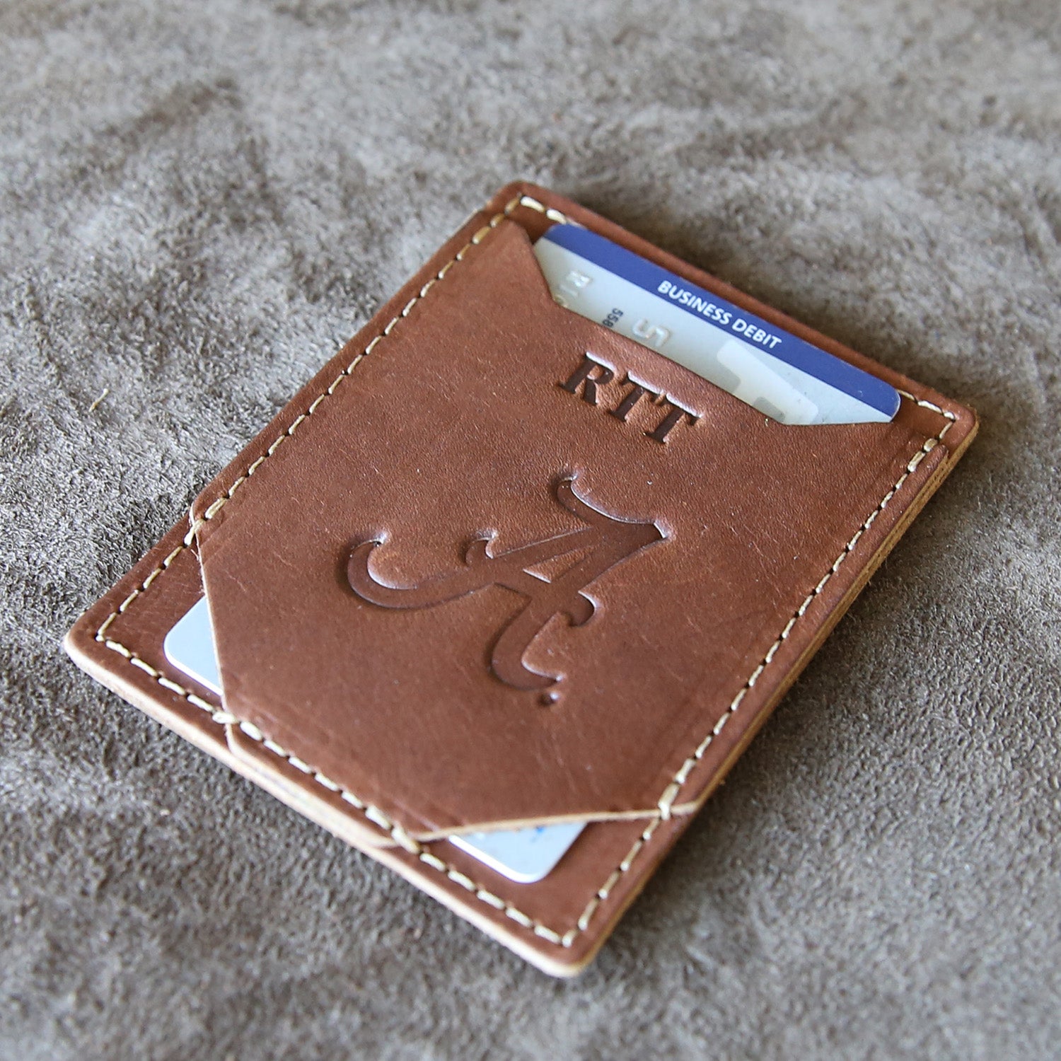 Fine leather money clip front pocket wallet with Alabama logo and personalized initials