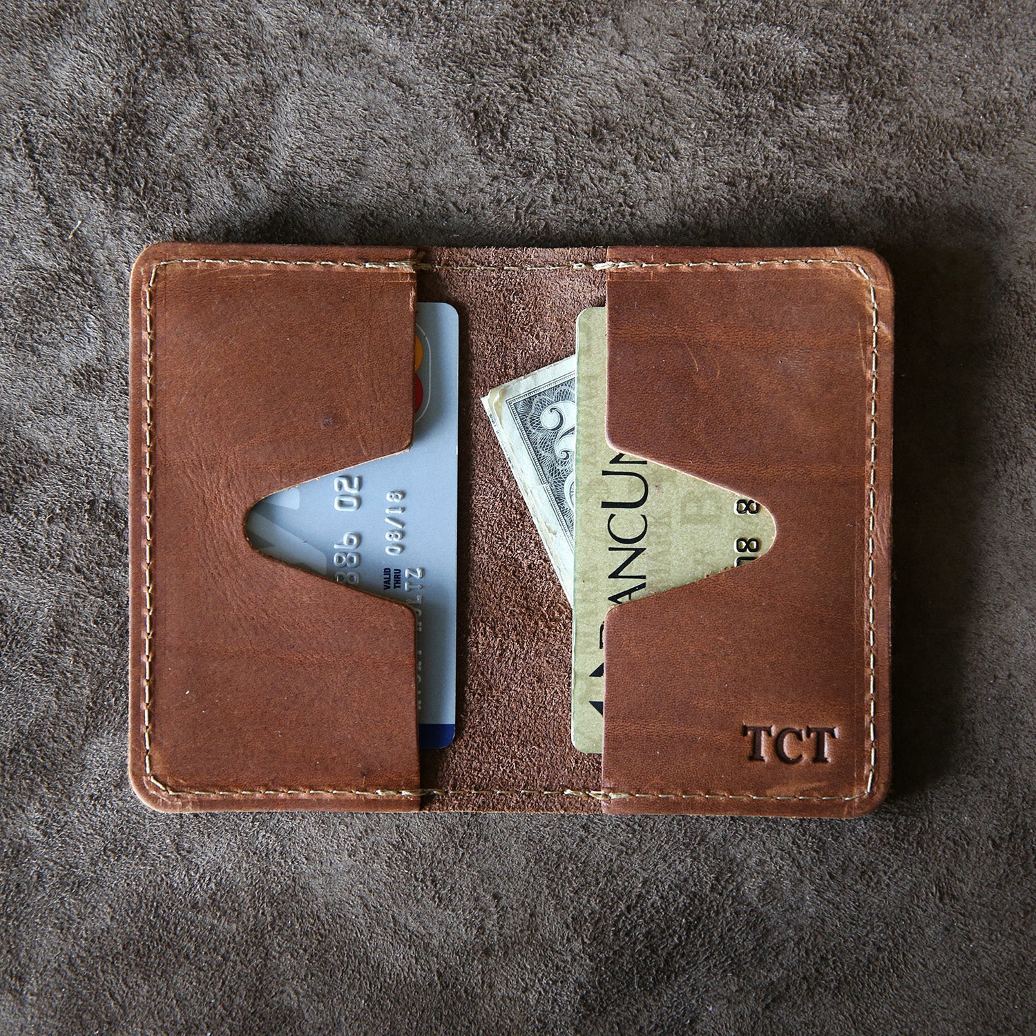 Fine leather business card holder bifold wallet with Auburn University logo