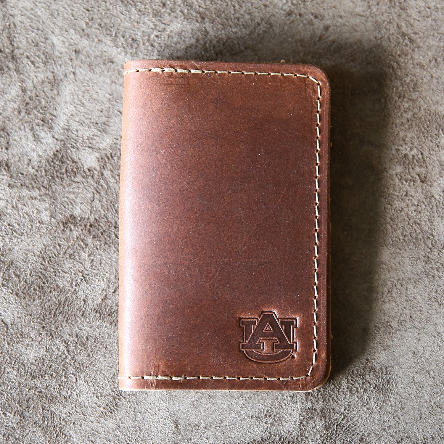 Fine leather business card holder bifold wallet with Auburn University logo