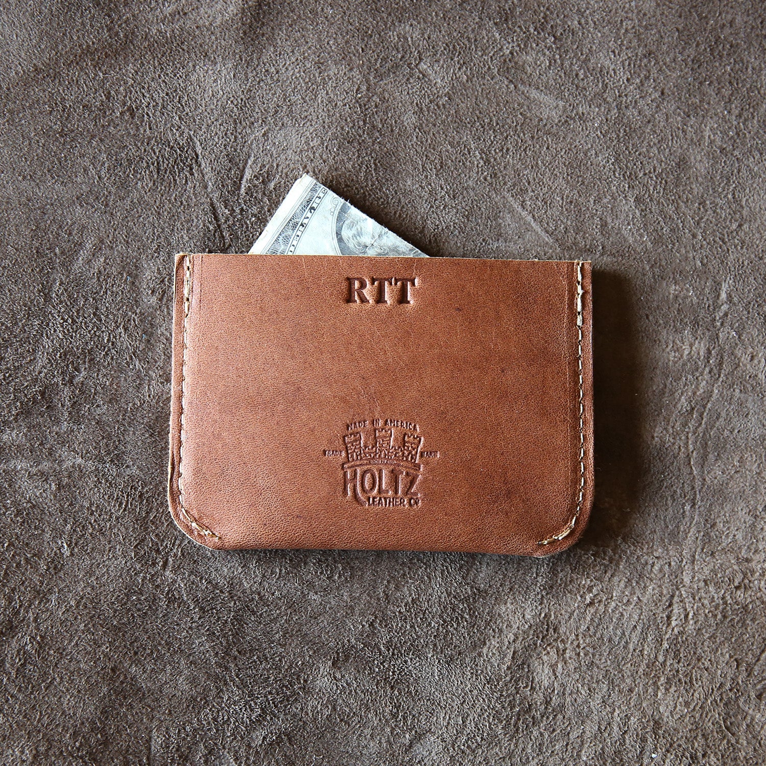Fine leather front pocket double sleeve wallet with Auburn logo