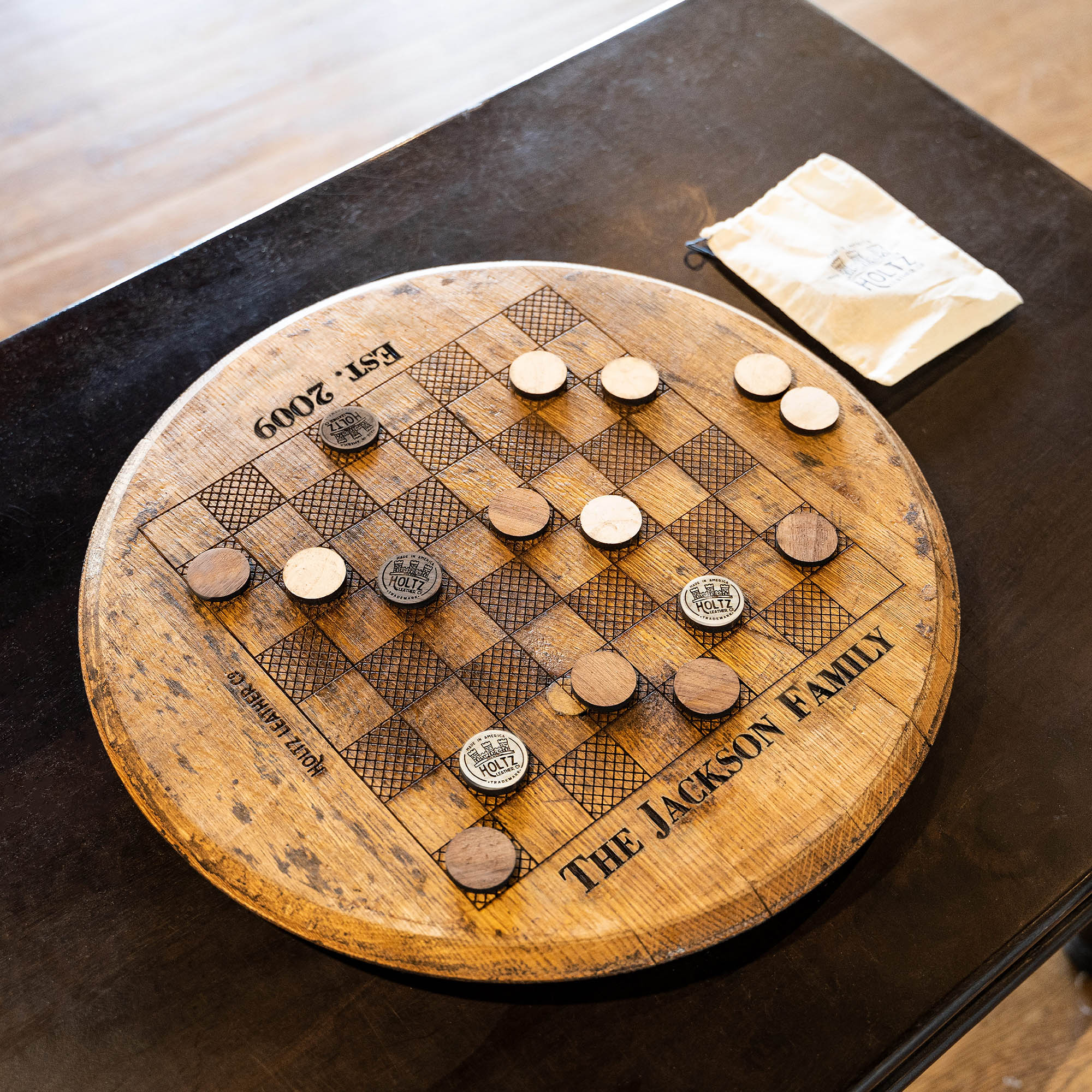 Checkerboard game table set made of Tennessee Whiskey Barrel wood