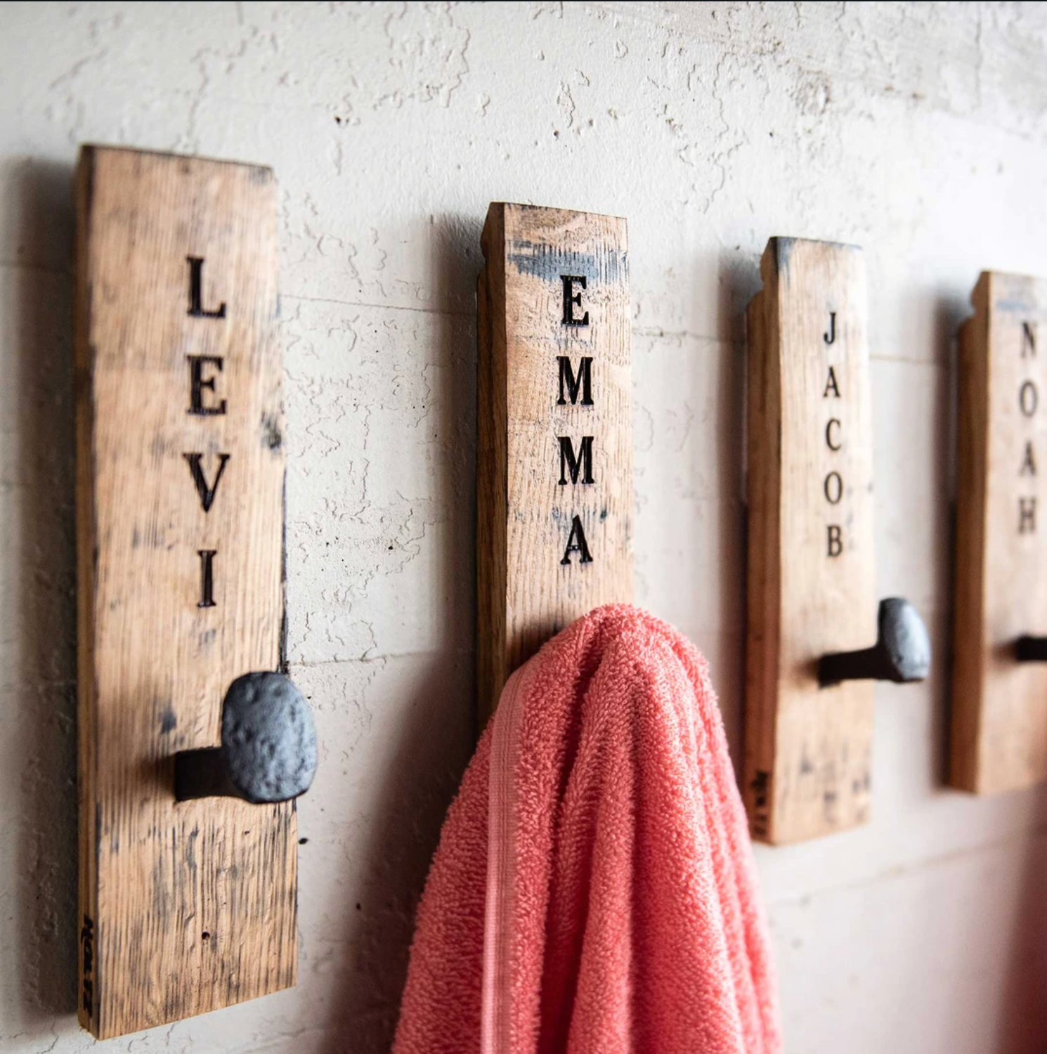 Personalized Towel Hanger Wall Hooks Made from Whiskey Barrel