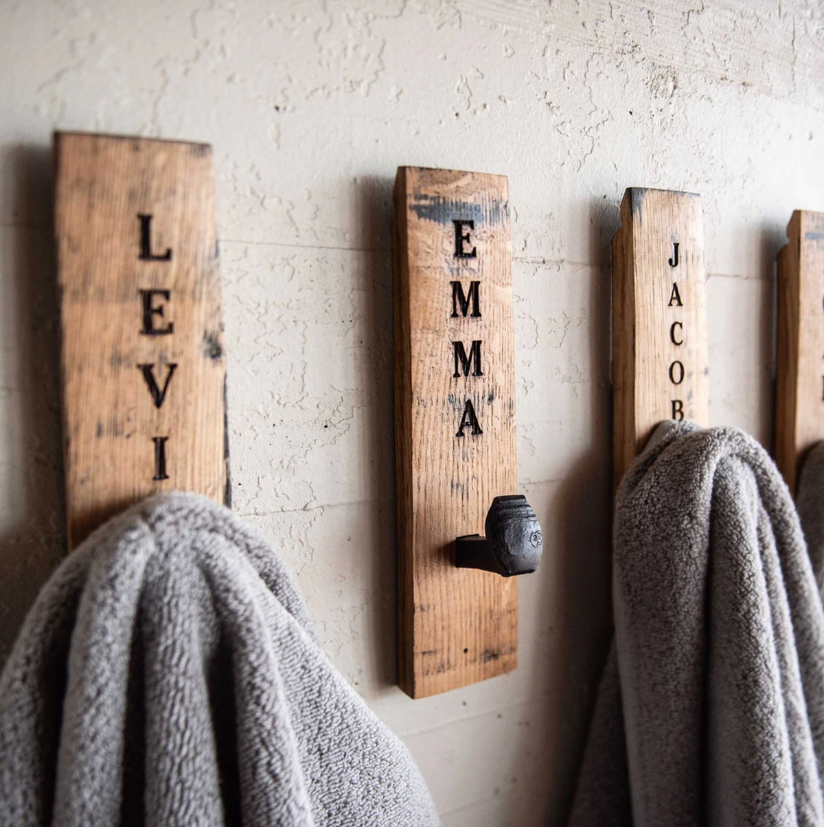 Personalized Towel Hanger Wall Hooks Made from Whiskey Barrel Farmhouse Bathroom Holtz Leather