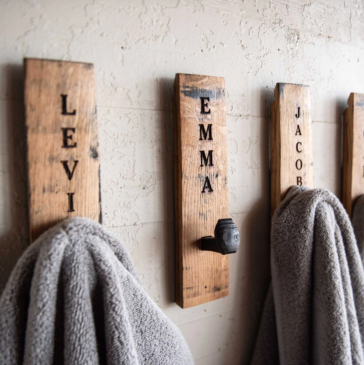 Personalized Towel Hanger Wall Hooks Made from Whiskey Barrel - Farmhouse  Bathroom - Holtz Leather