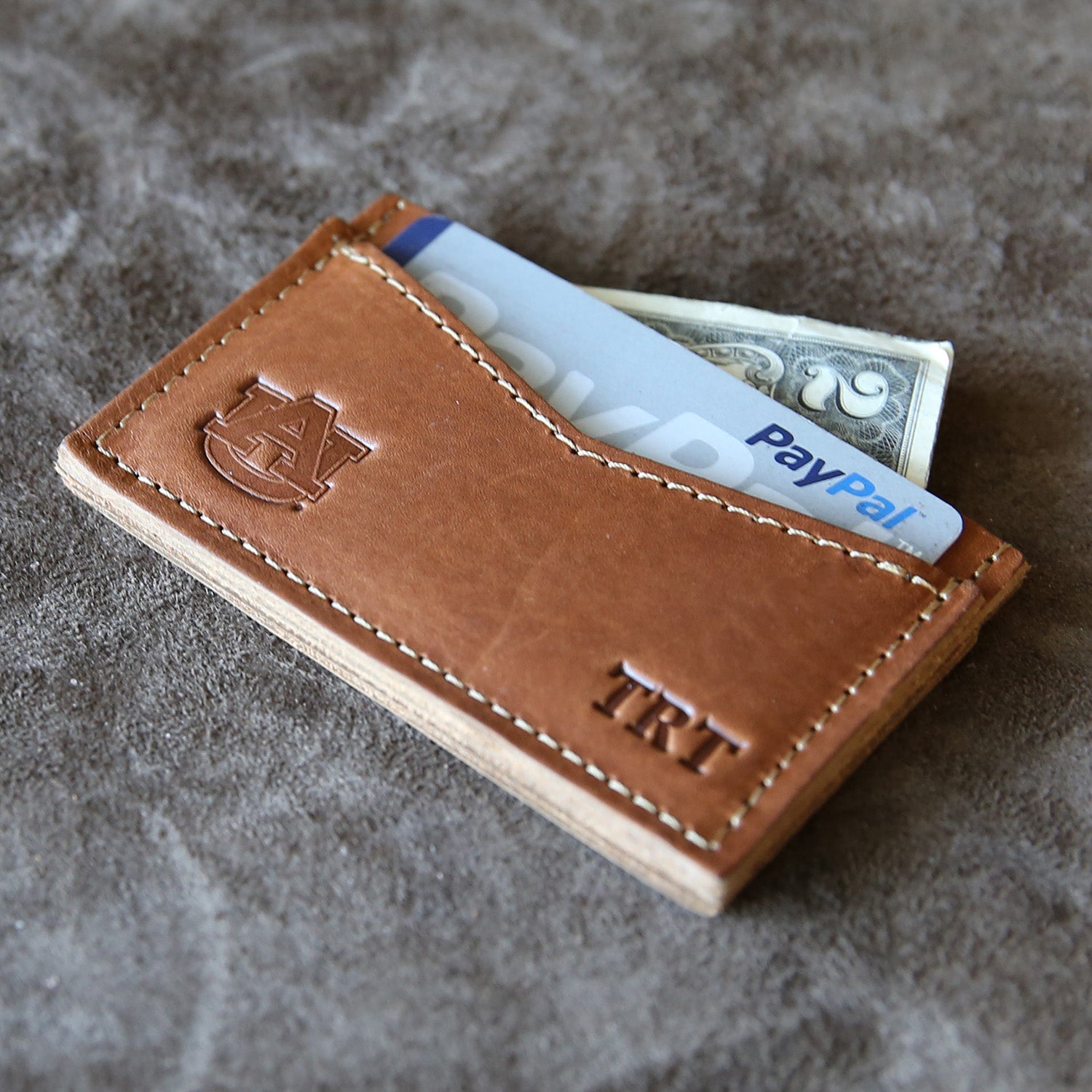 Fine leather front pocket card holder wallet with Auburn logo and personalized initials