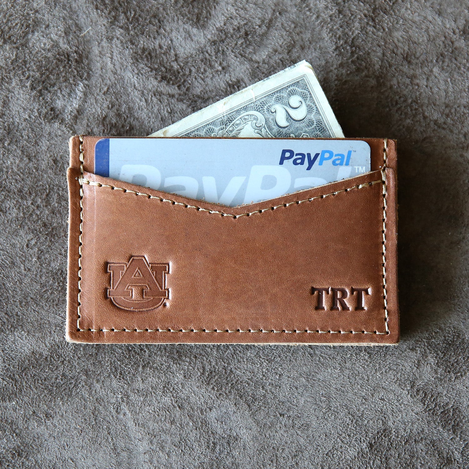 Fine leather front pocket card holder wallet with Auburn logo and personalized initials