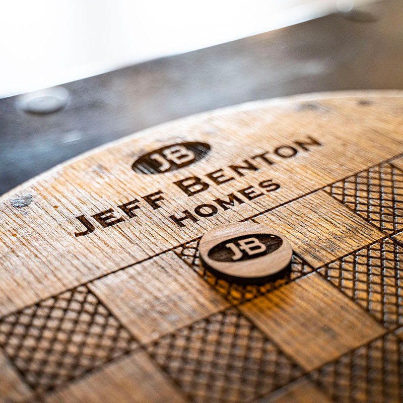 Checkerboard side table made of Tennessee Whiskey Barrel with customized logo