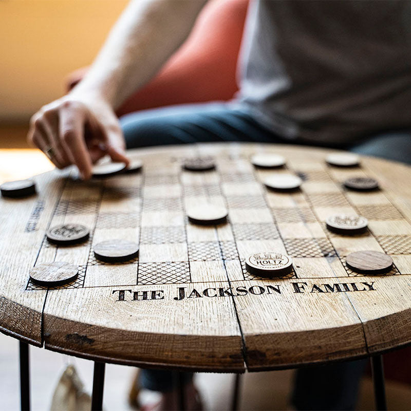 Checkerboard game table set made of Tennessee Whiskey Barrel wood