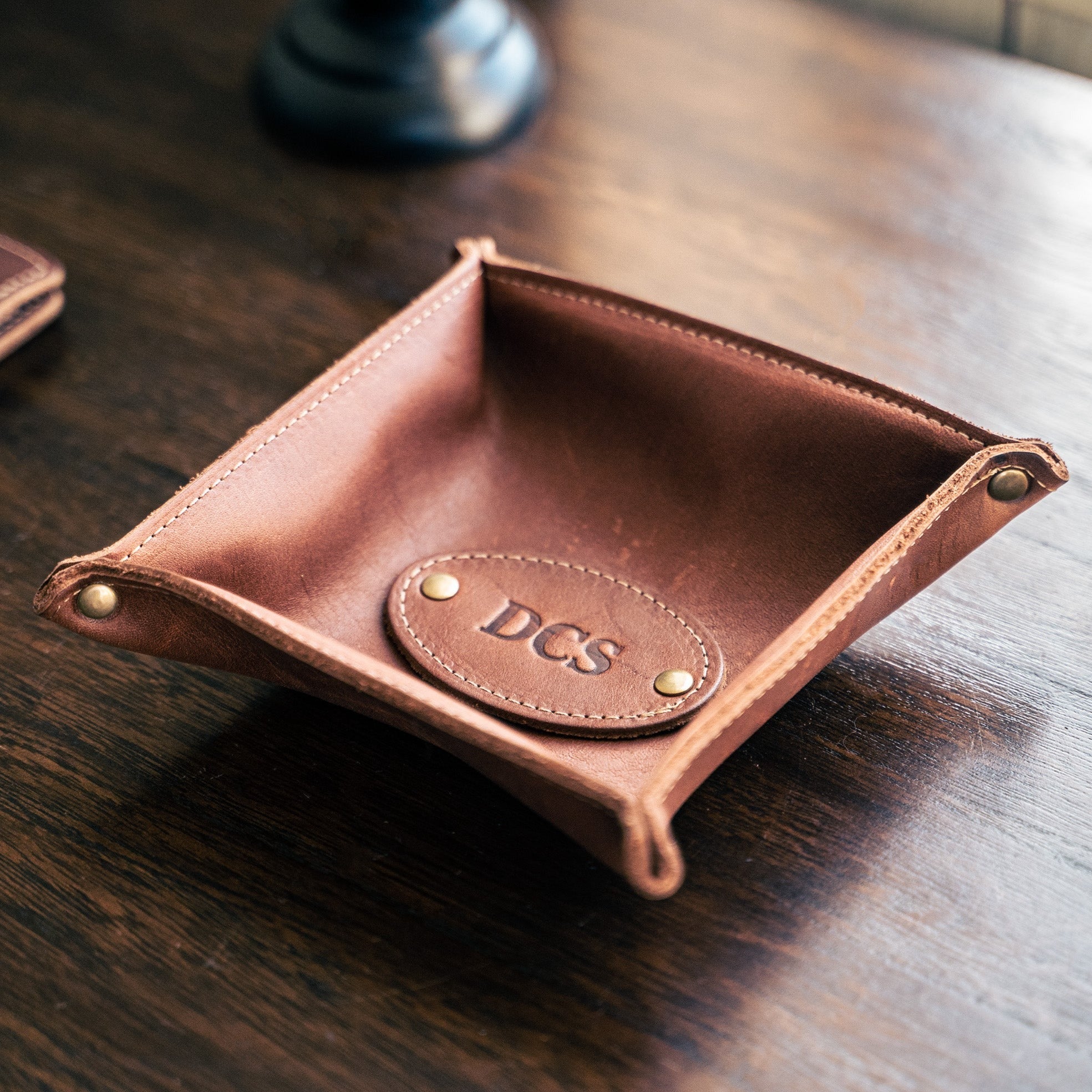 The Monticello Fine Leather Personalized Desk Valet Caddy Tray for Dresser or Office Gift