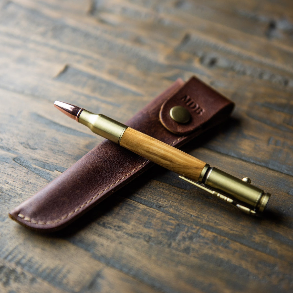 Bethlehem Olive Wood .30 Caliber Bolt Action Pen + Pen Sleeve - Holtz Leather