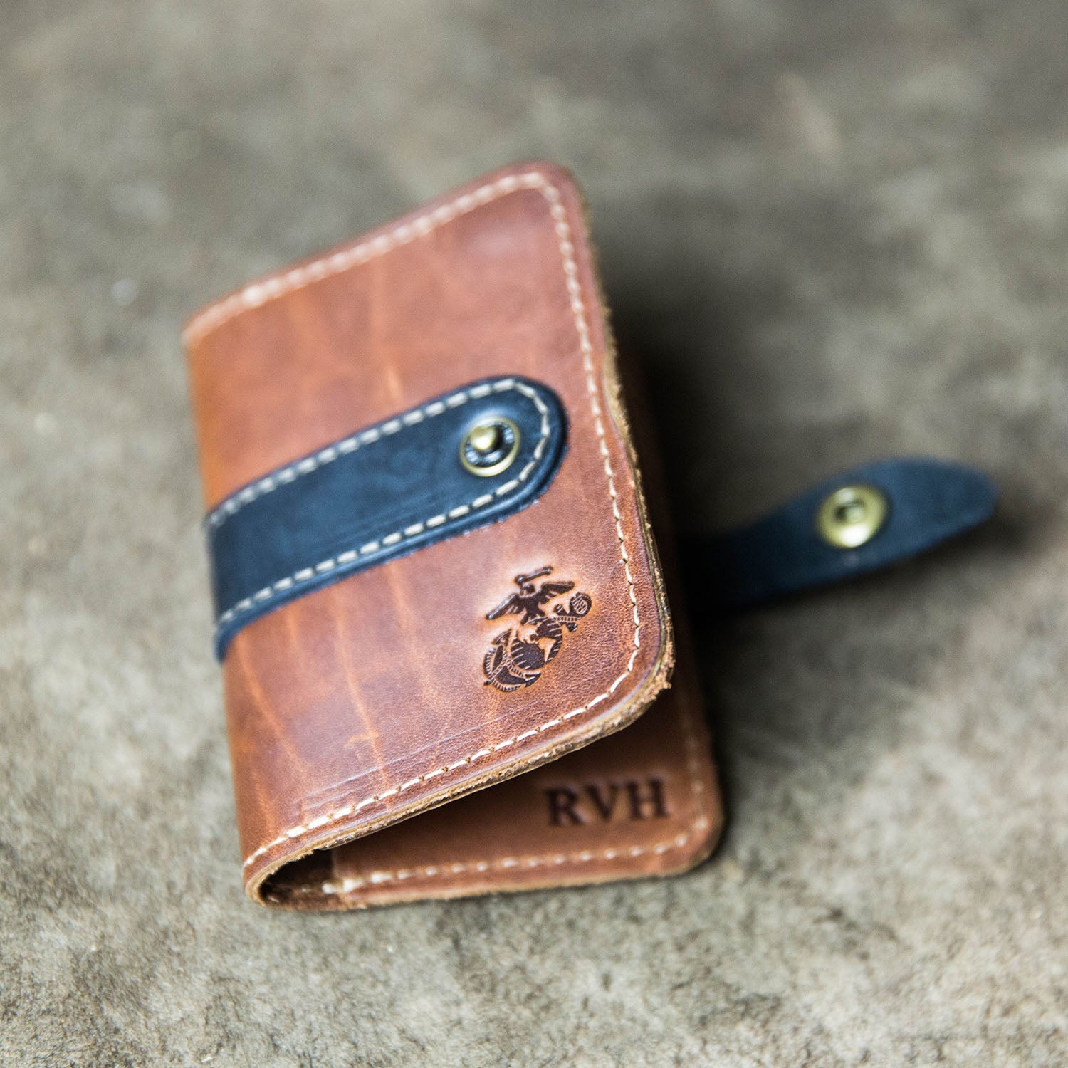 Fine leather snap closure bifold wallet with personalized initials and marine corps logo