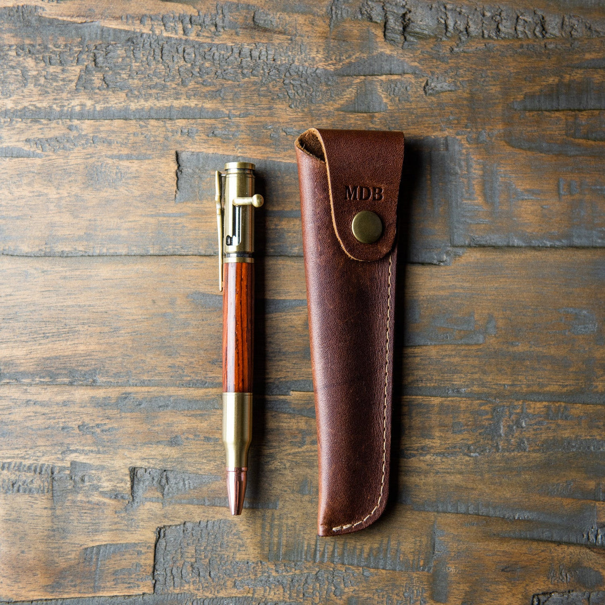 Hand - Turned Rose Wood .30 Caliber Bolt Action Pen + Pen Sleeve - Holtz Leather