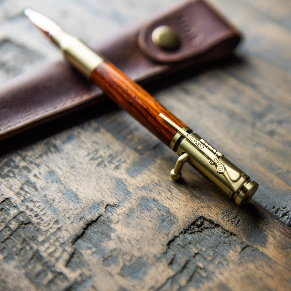 Hand - Turned Rose Wood .30 Caliber Bolt Action Pen + Pen Sleeve - Holtz Leather