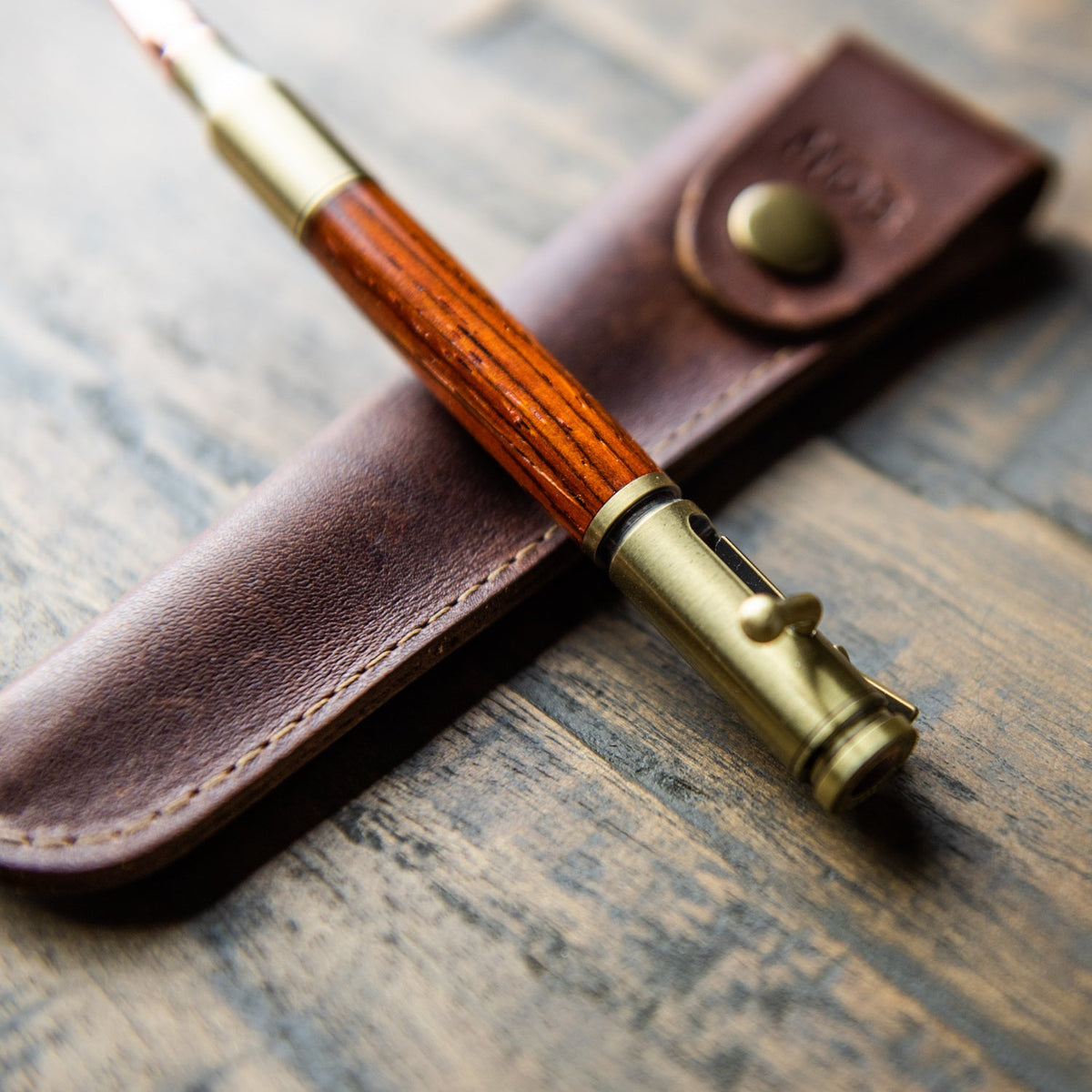 Hand - Turned Rose Wood .30 Caliber Bolt Action Pen + Pen Sleeve - Holtz Leather