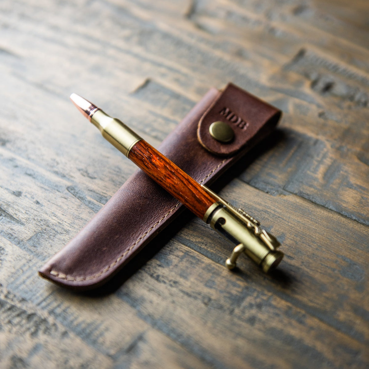 Hand - Turned Rose Wood .30 Caliber Bolt Action Pen + Pen Sleeve - Holtz Leather