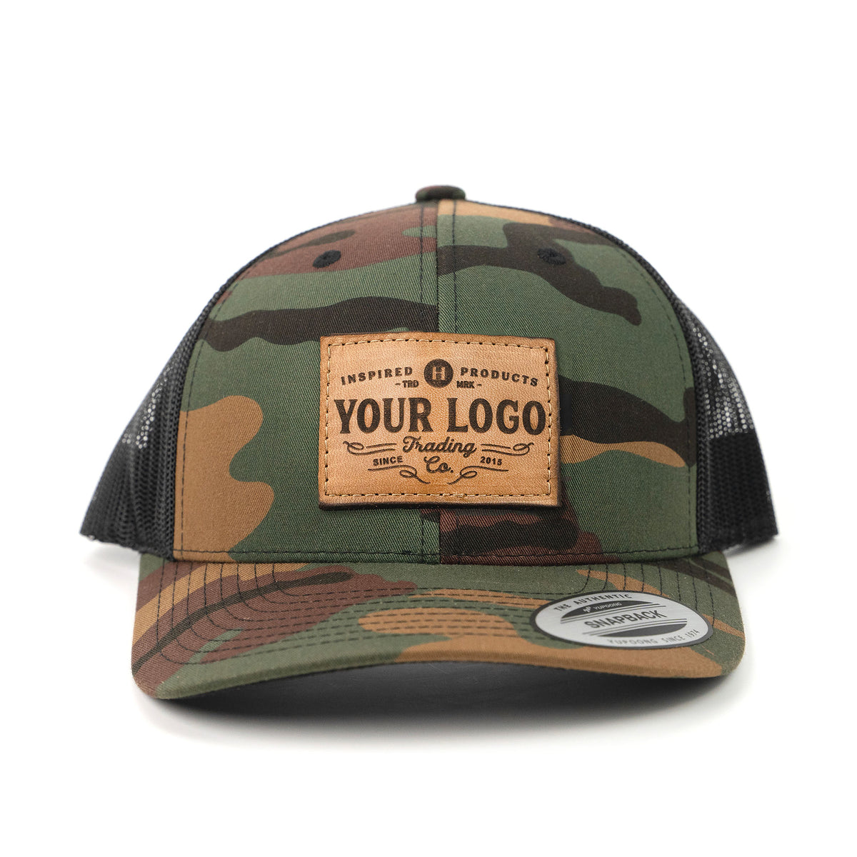 Yupoong 6606 Green Camo/Black Custom Mesh Snapback Trucker Hat with YOUR LOGO
