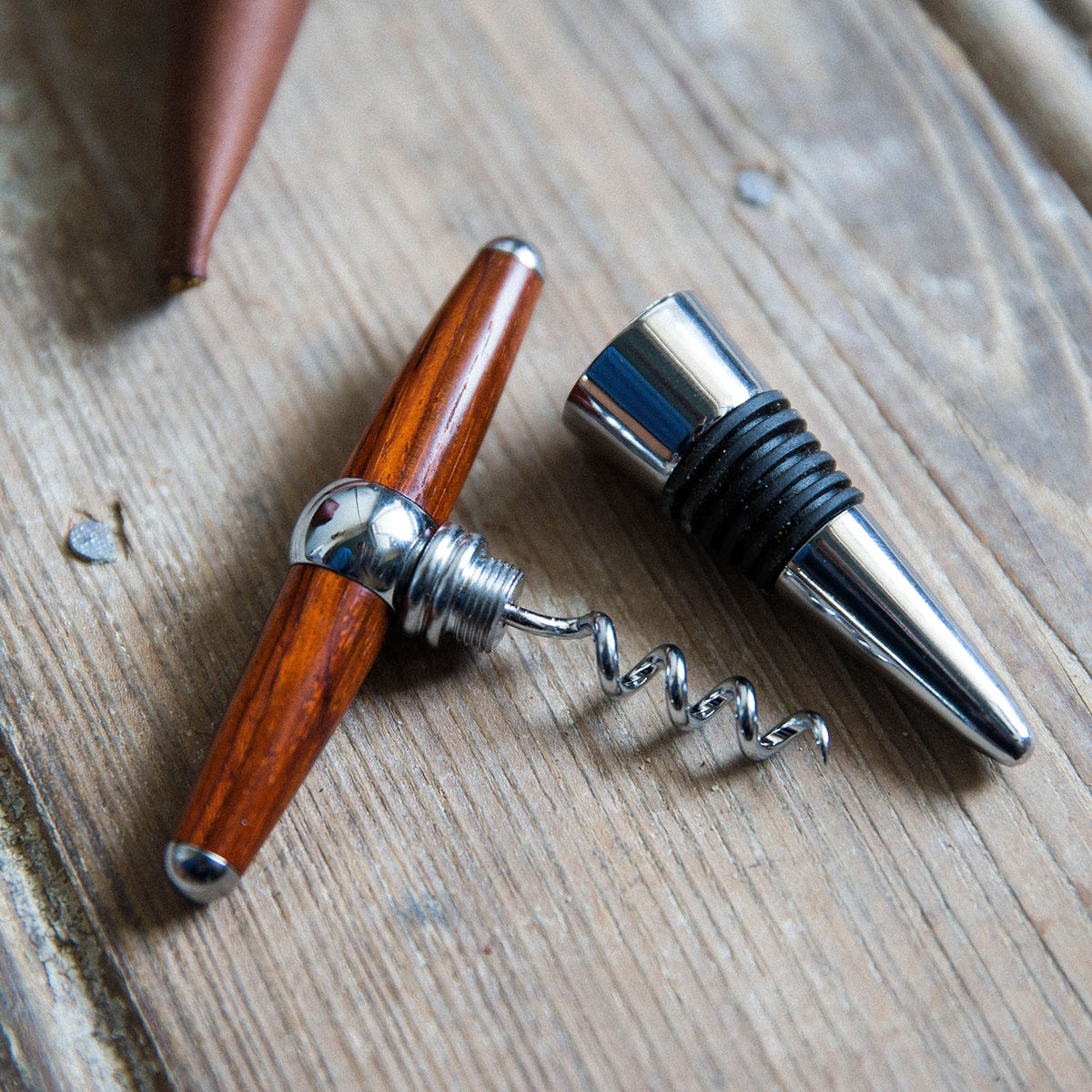 The Vino Personalized Hand Turned Wine Bottle Stopper Corkscrew &amp; Leather Sleeve