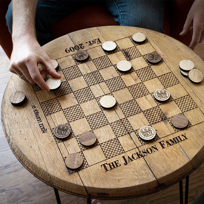Personalized Tennessee Whiskey Barrel Checkerboard Game Table Set - Holtz Leather
